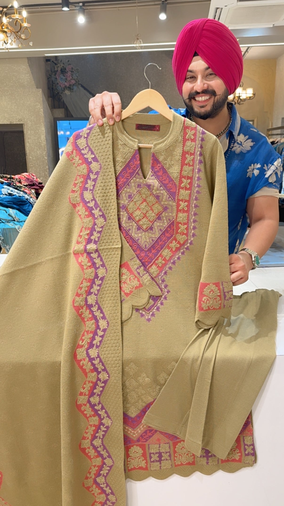 Dark Beige & Multicolored Soft Woolen Embroidered Party Wear Straight Suit with Beautiful Duappta