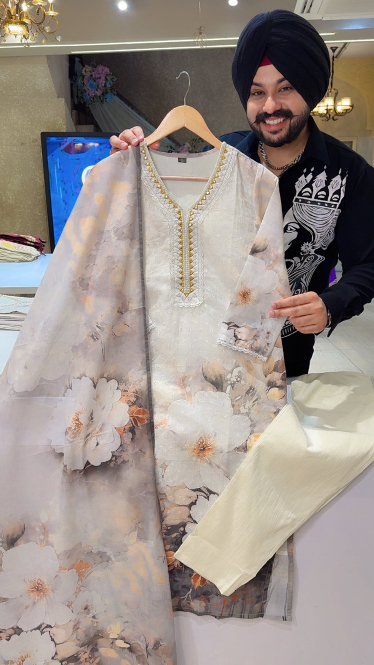 Cream Shifli Work Floral Print Office Wear Straight suit