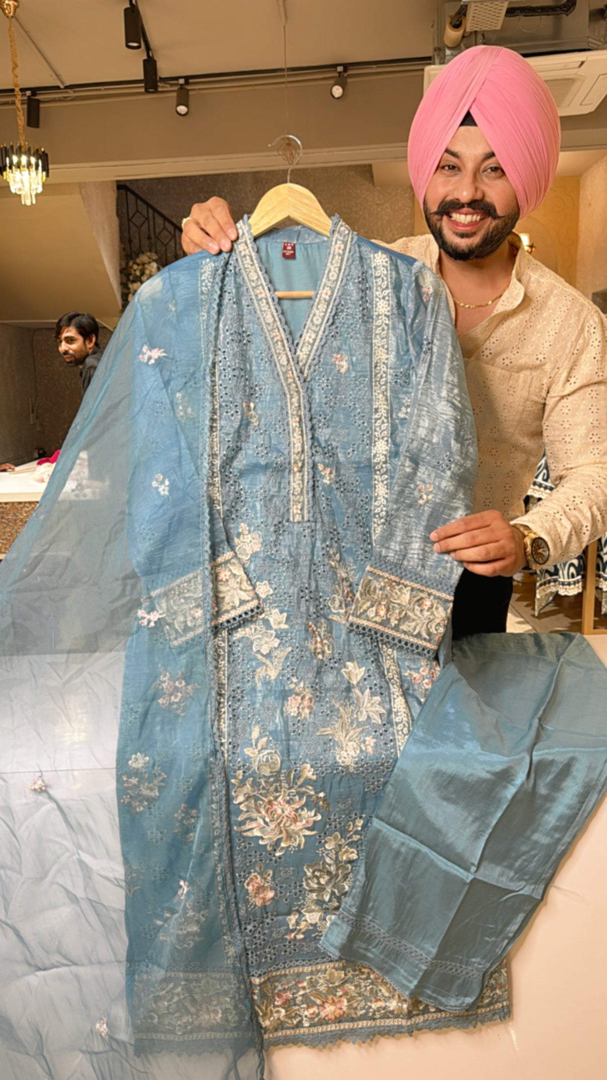 Powder Blue Crush Organza Heavy embroidery & cut work Pakistani Suit with Beautiful Organza Dupatta