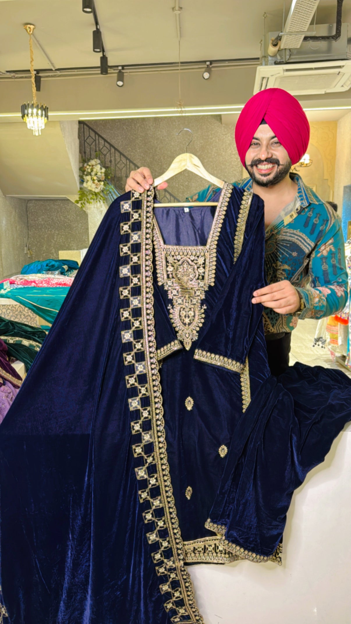 Blue square neck Velvet embroidered Suit
