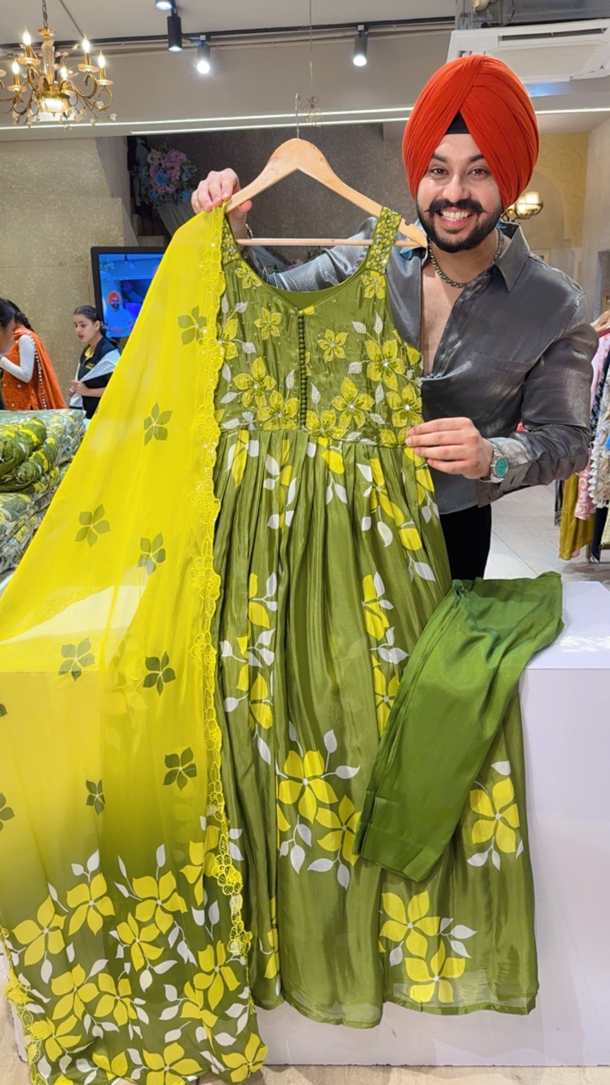 Green Premium Chinon Hand Embroidered Cutsleeves Party Wear Anarkali suit with Beautiful Sequins Work Duppata