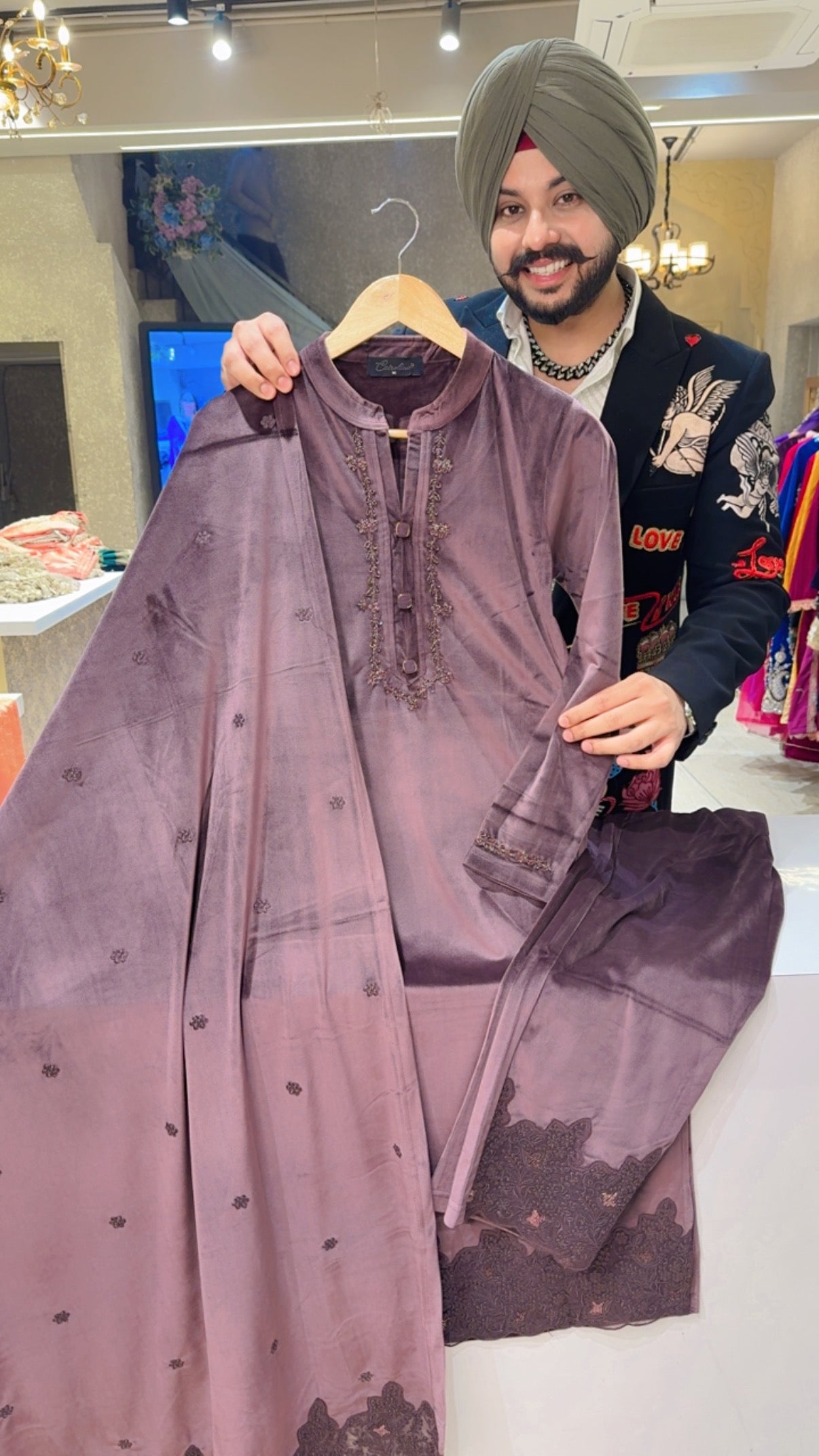 English Mauve Velvet Heavy Self Embroidered Party Wear straight Suit with Beautiful Duppata