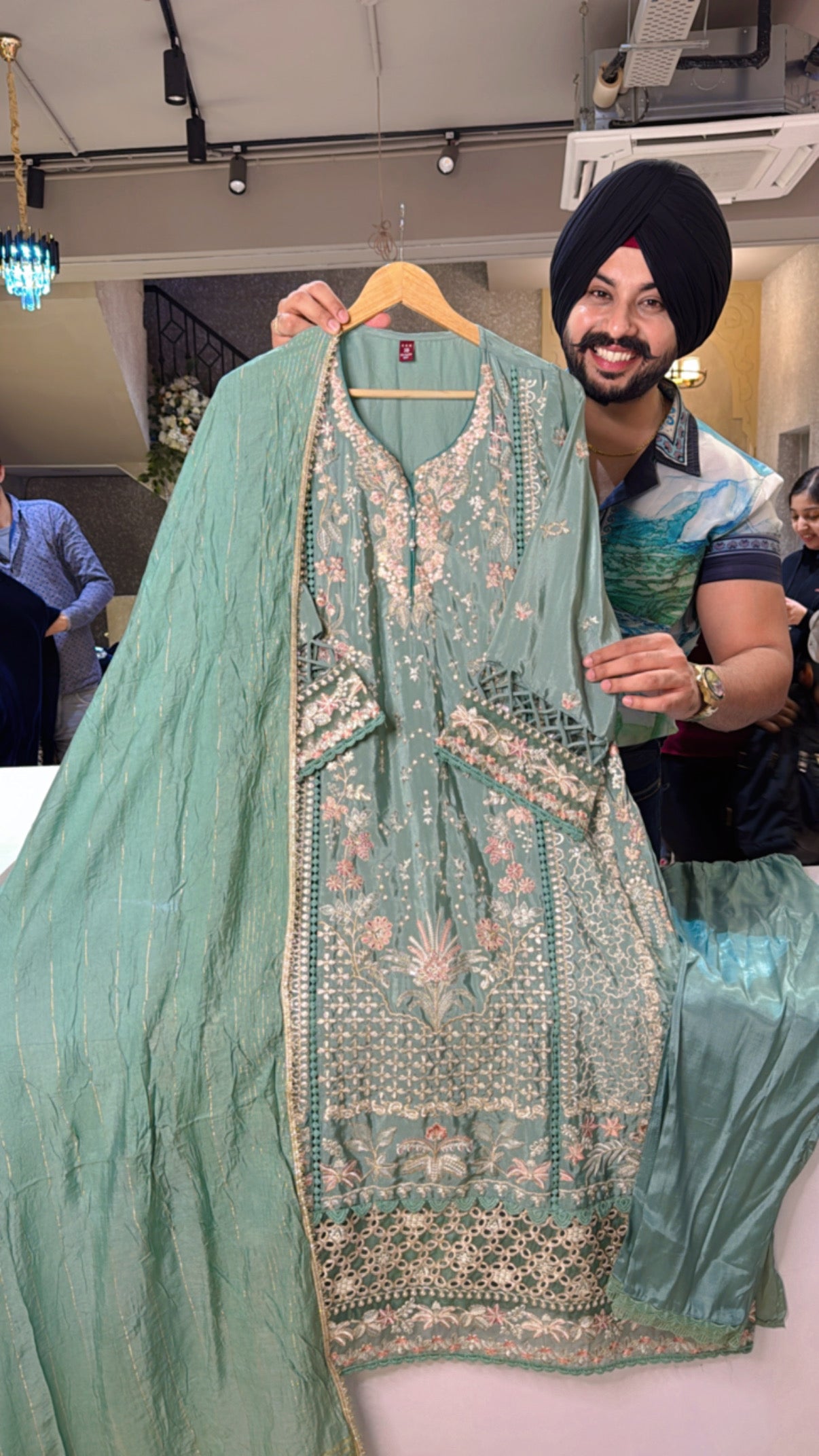 Sea Green Crepe Heavy embroidered A-line Side Slit Pakistani Suut with Beautiful Duppata