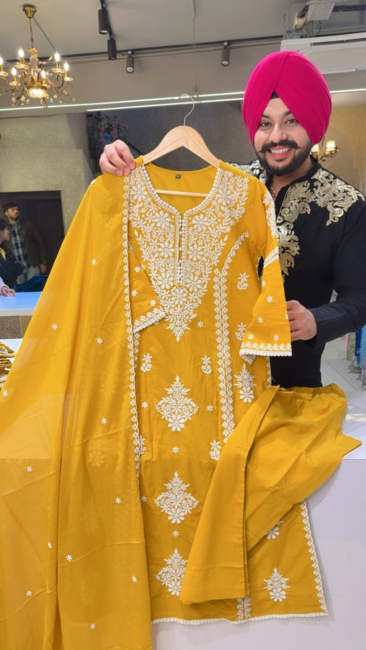 Mustard Yellow Mal Cotton Embroidered Semi Formal Straight Suit with Mal cotton Duppata