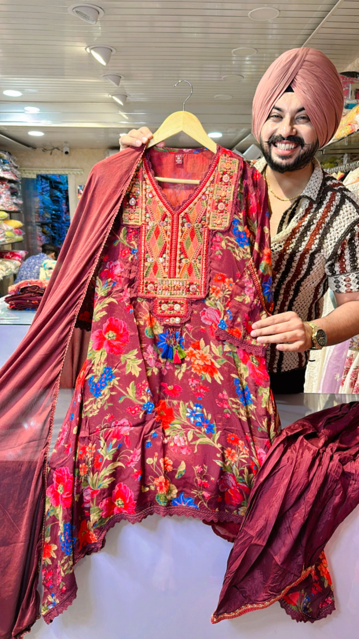 Maroon chinon Indowestern C-cut Suit with Stylish Side tulip pants