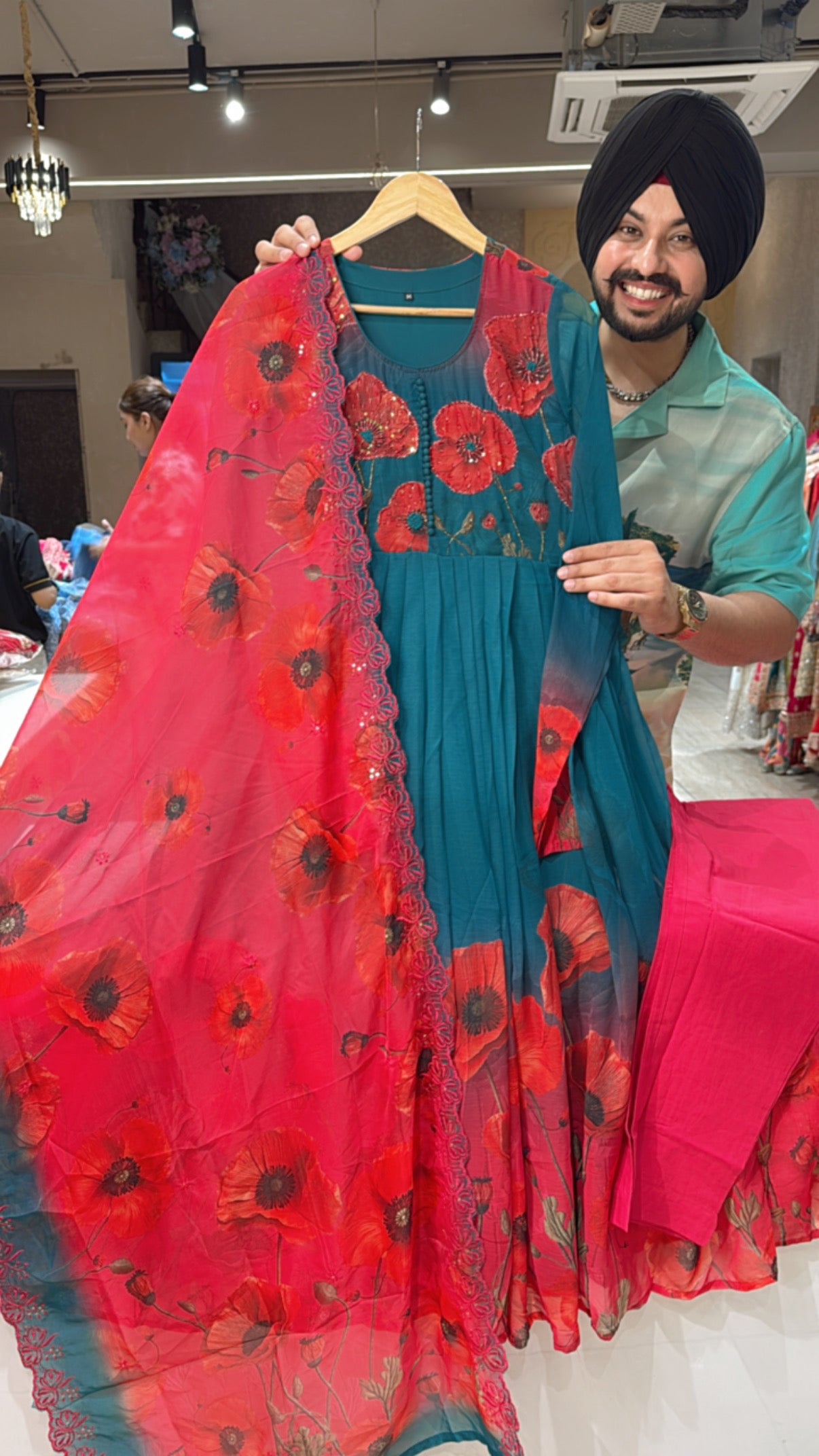 Dark RamaGreen Soft Chiffon Floral Print Hand Embroidered Anarkali Suit with Beautiful Sequins work Organza Duppata