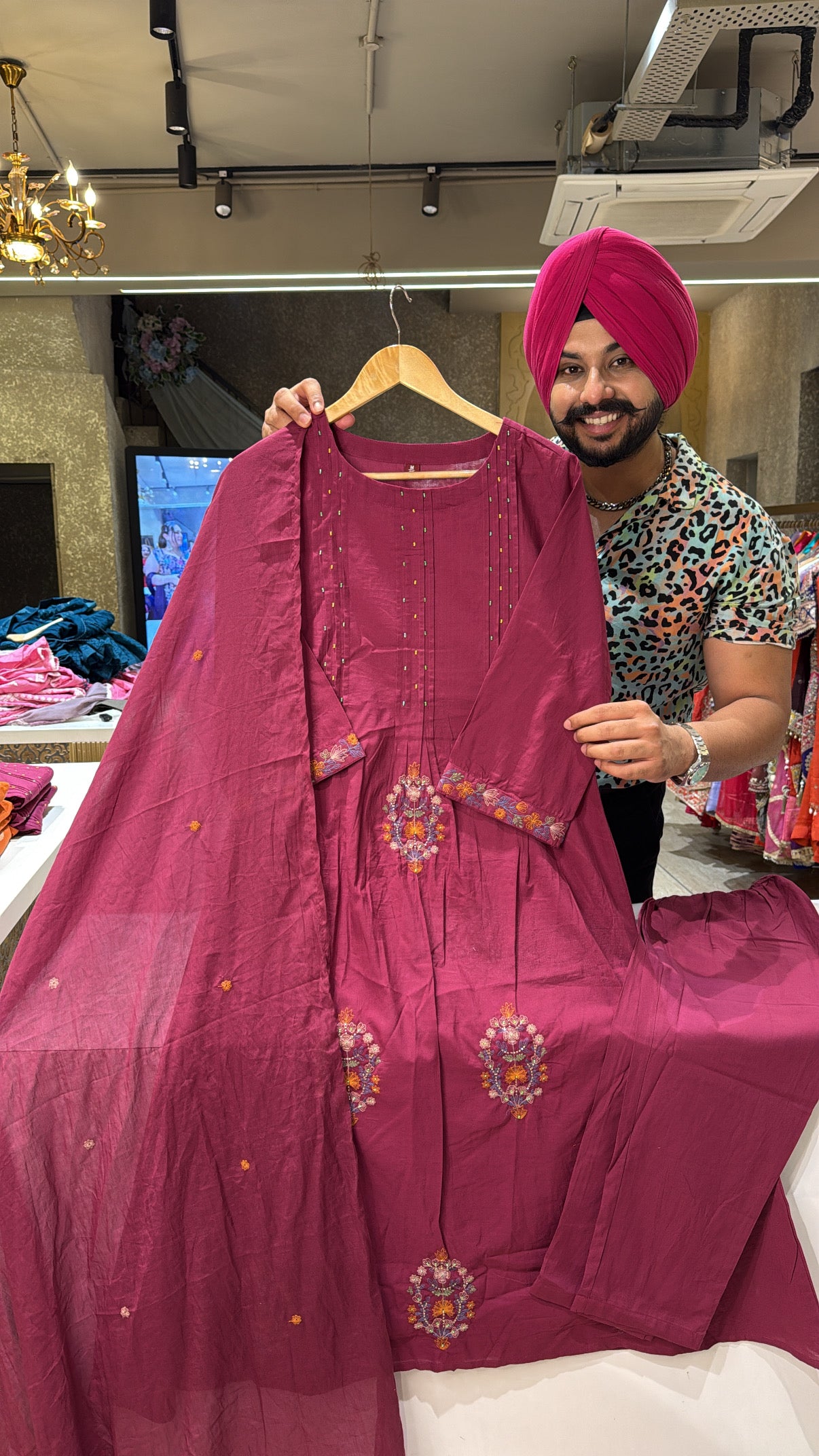 Light Falsa Soft Cotton embroidered Semi formal A-line Suit