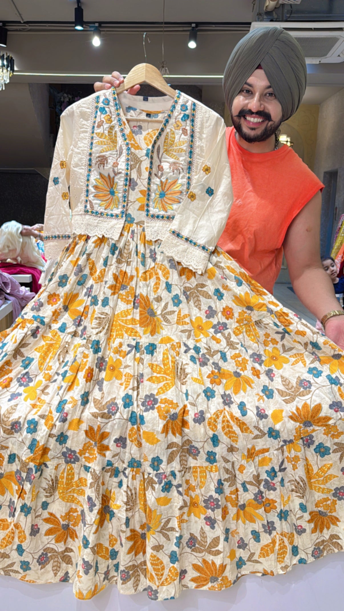 Yellow Pure Cotton Indo Western Dress with embroidered Short Jacket