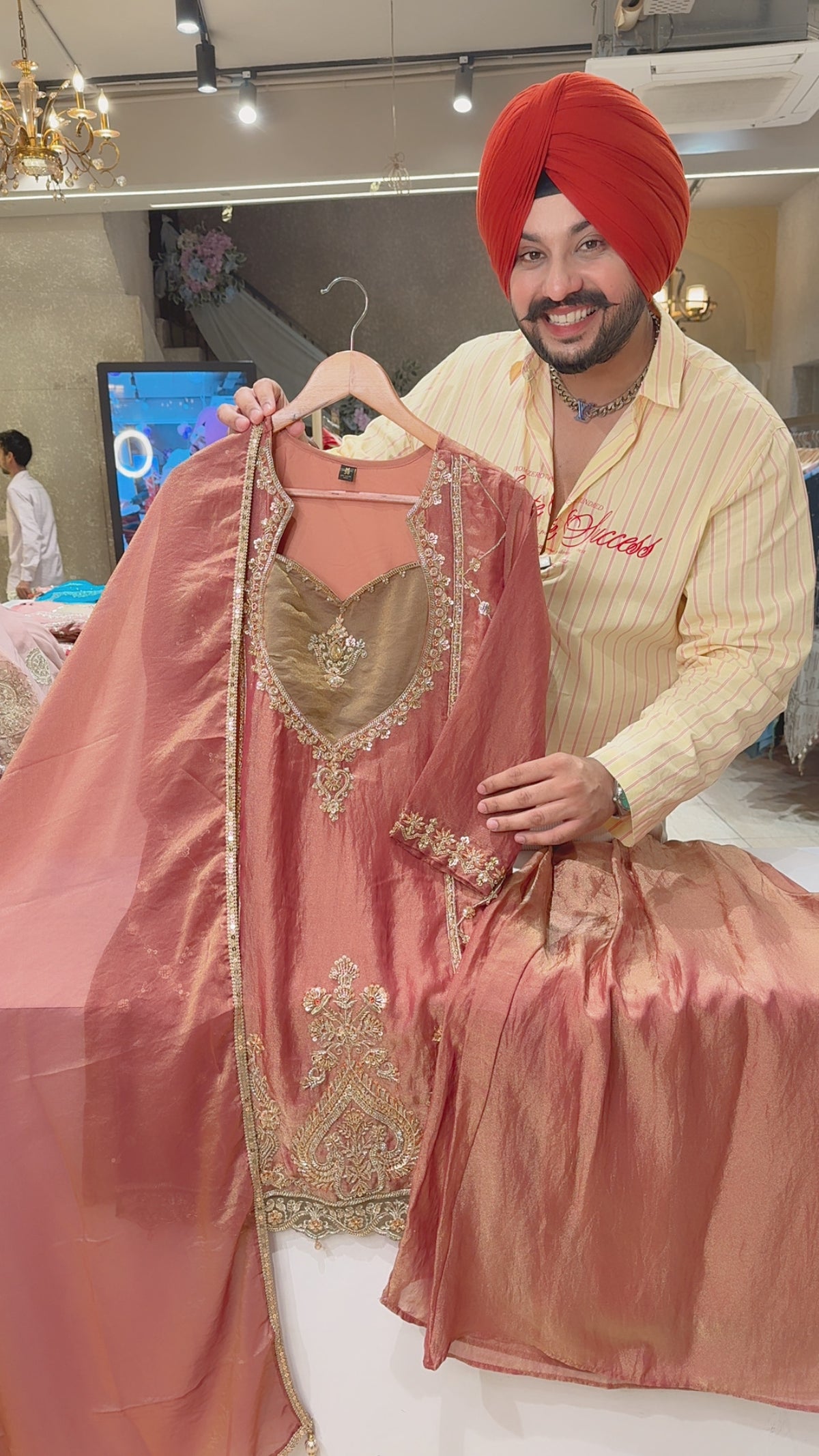 English Peachish Pink Crush Tissue Hand embroidered Partywear Flairy Plazo Suit