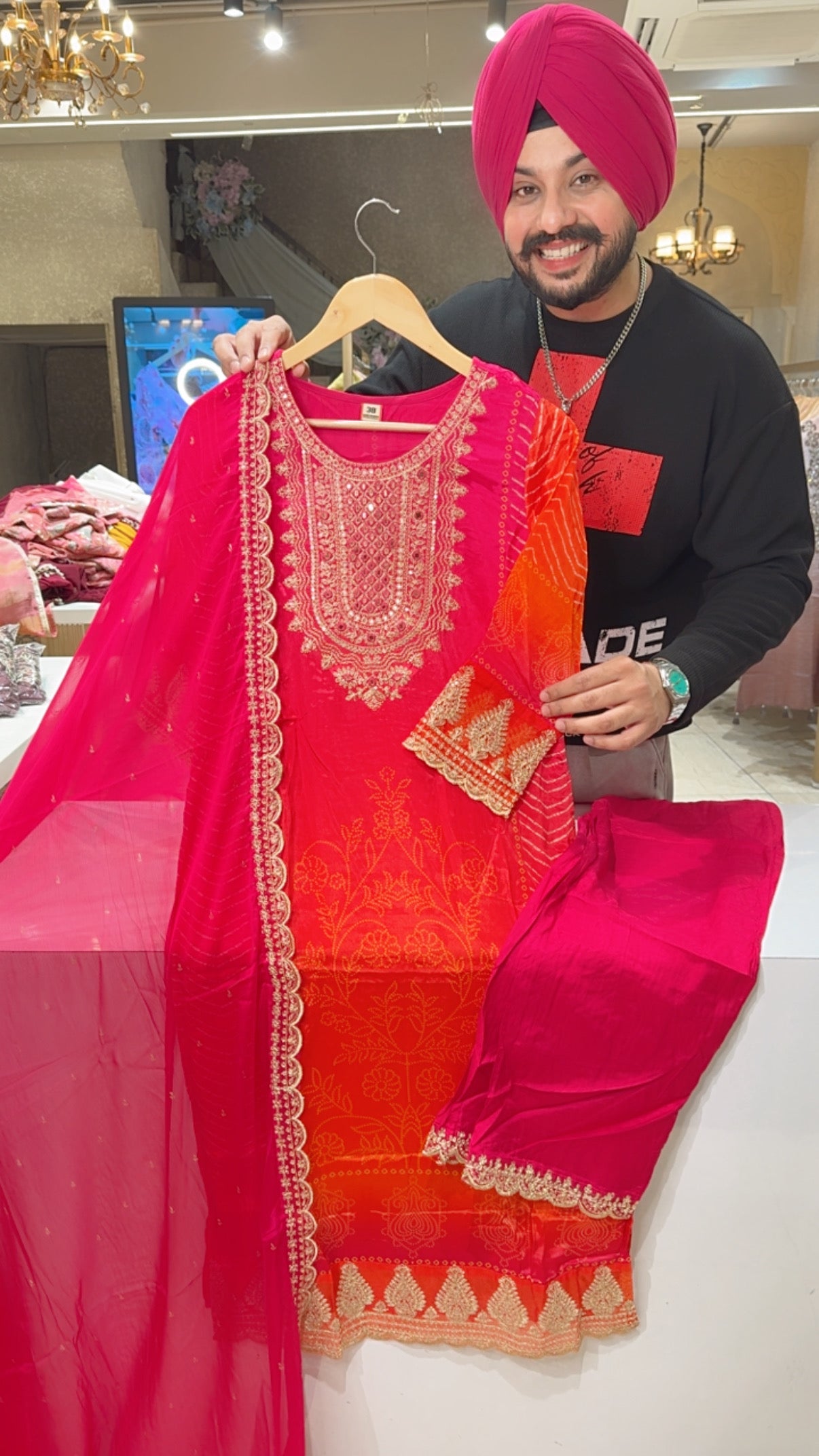 Hot pink Bandhej Print Beautiful Embroidery work Party wear Straight Suit