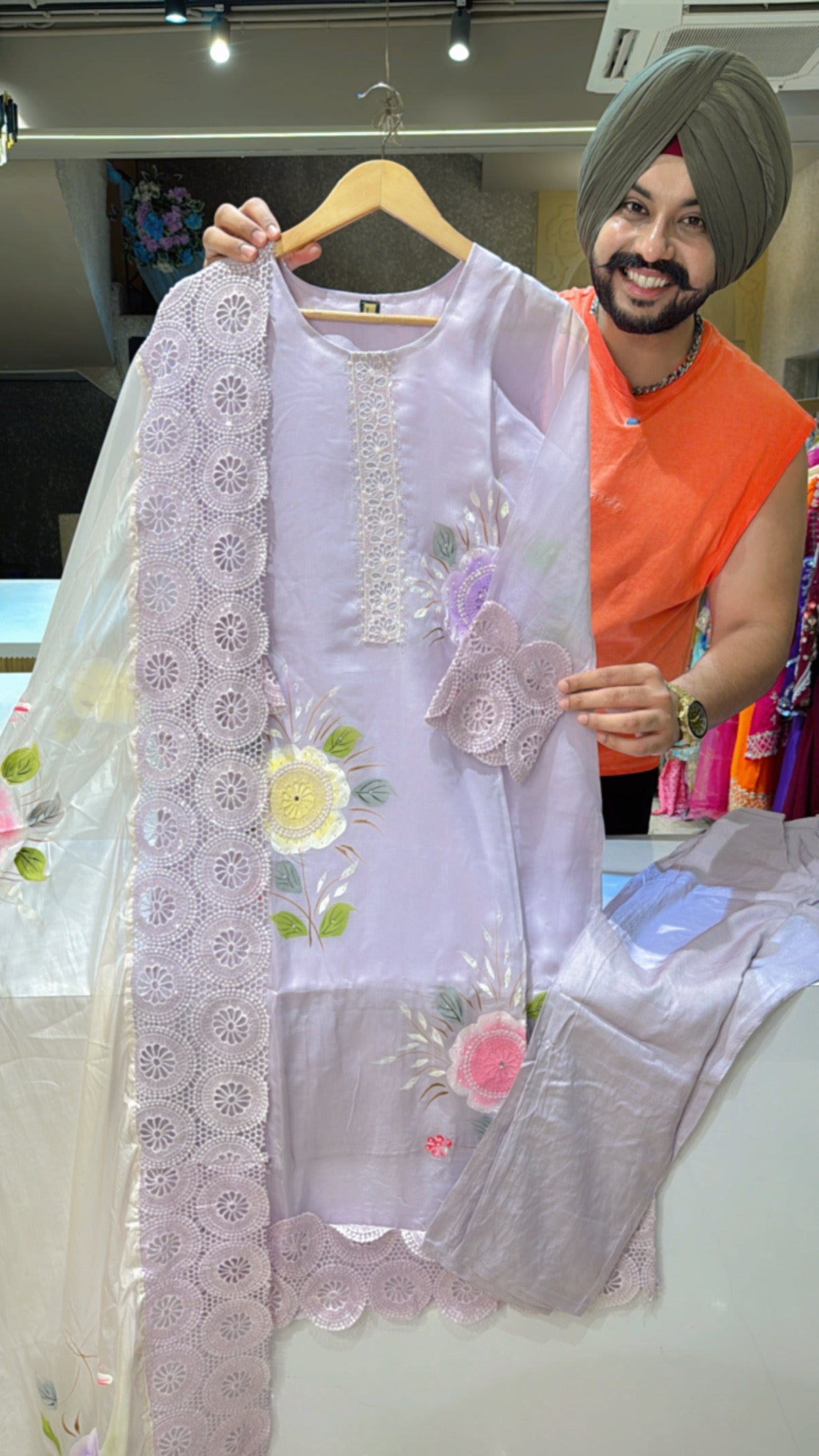 Light Lavender Soft Organza Embroidered & Hand painted Straight Suit with Beautiful Handpainted Duppata