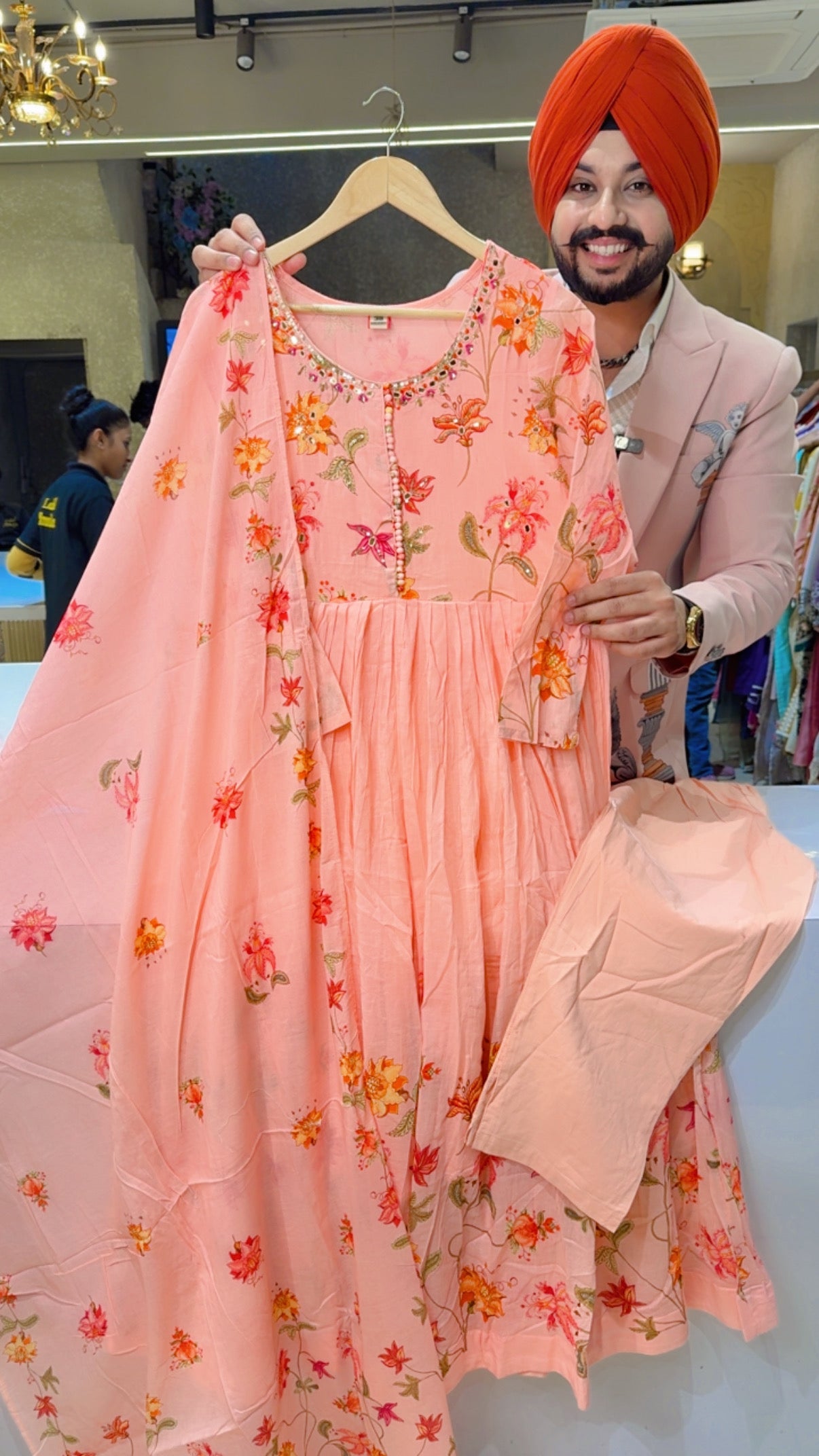 Peachish Pink Mal Cotton Floral Print Hand embroidered Anarkali Suit