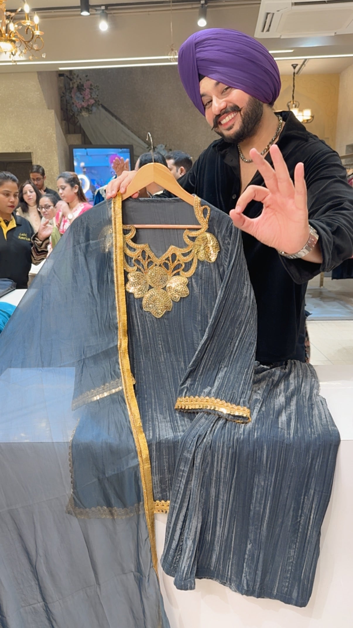 Grey Crush Velvet Indowestern party Wear suit with heavy patch Work on designer neck