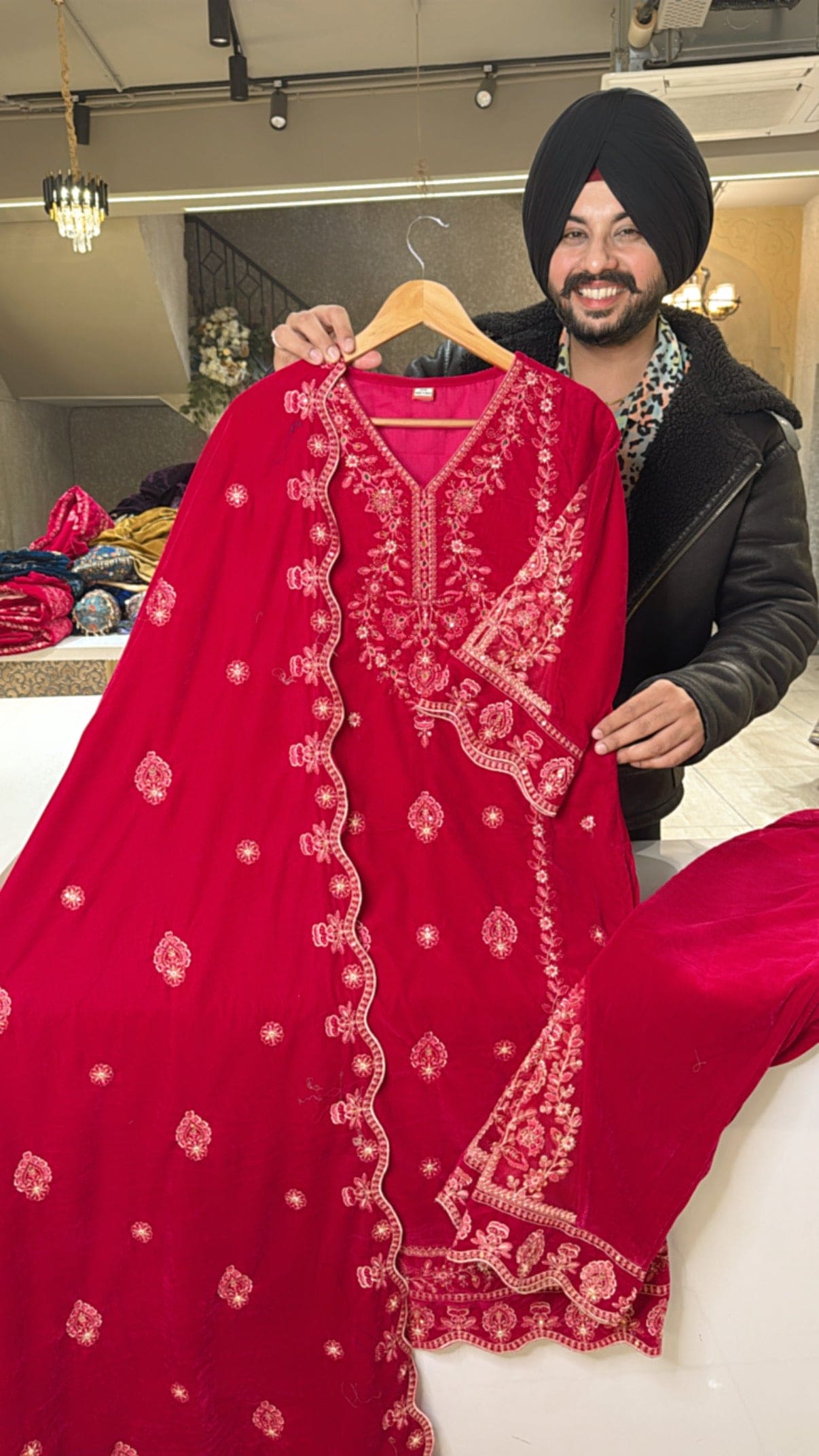 Rani pink Velvet Pakistani Suits with Designer Sleeves & pants