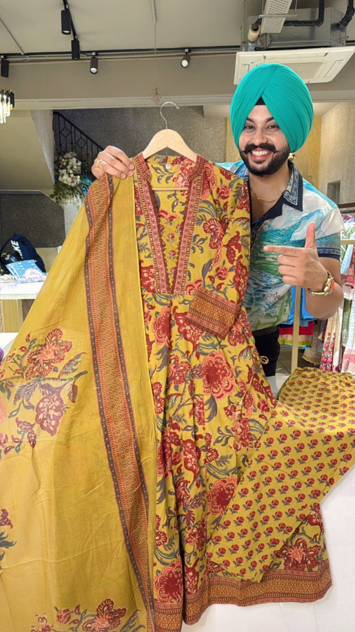 Mustard Yellow Pure Cotton A-line Anarkali Suit with Hand embroidery work on neck