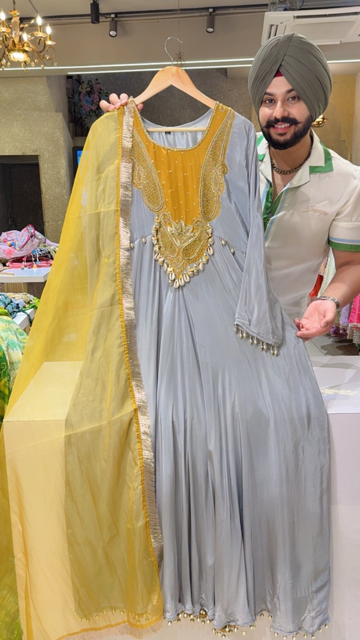 Grey & Mustard Crepe Heavy hand Embroidered & Shell Hangings Full Flair Anarkali Gown with Kiran Lace Organza Duppata