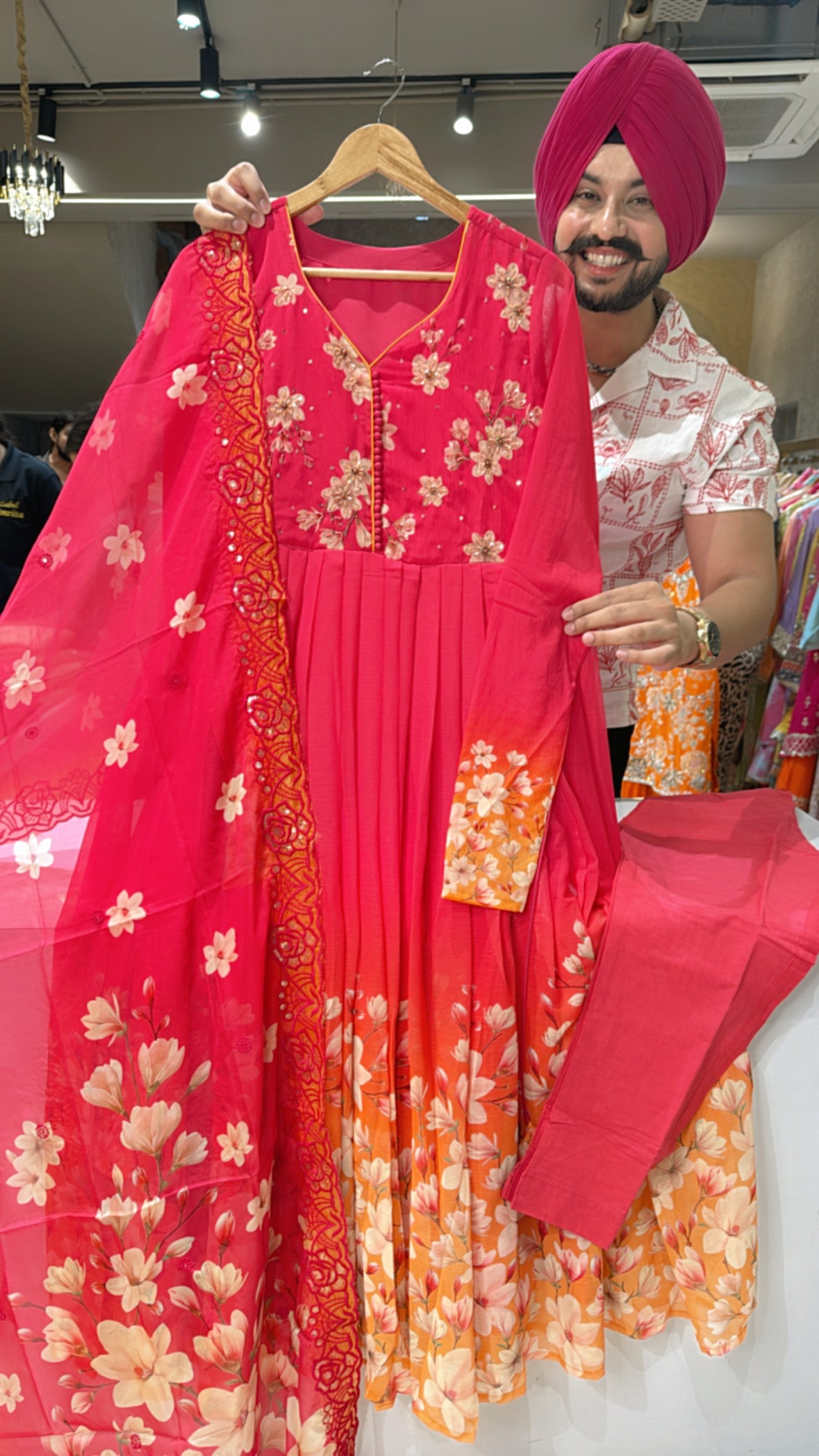 Gajri pink chiffon Floral Print Full Flair Anarkali Suit with Hand embroidery Work on neck & Organza Dupatta
