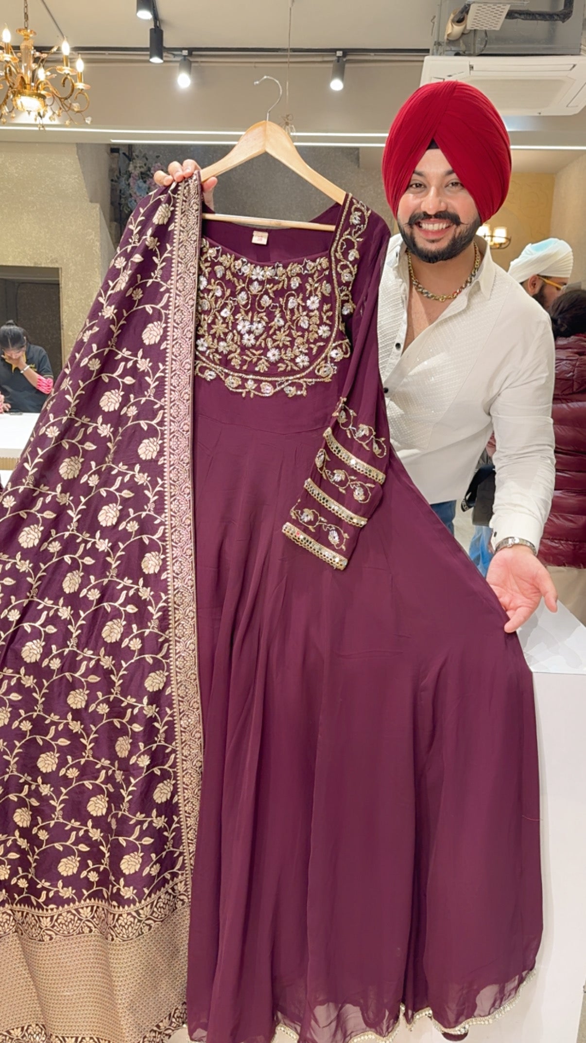 Wine Georgette Party Wear Hand Embroidered Designer Neck Anarkali Gown with Beautiful Banarasi look Duppata