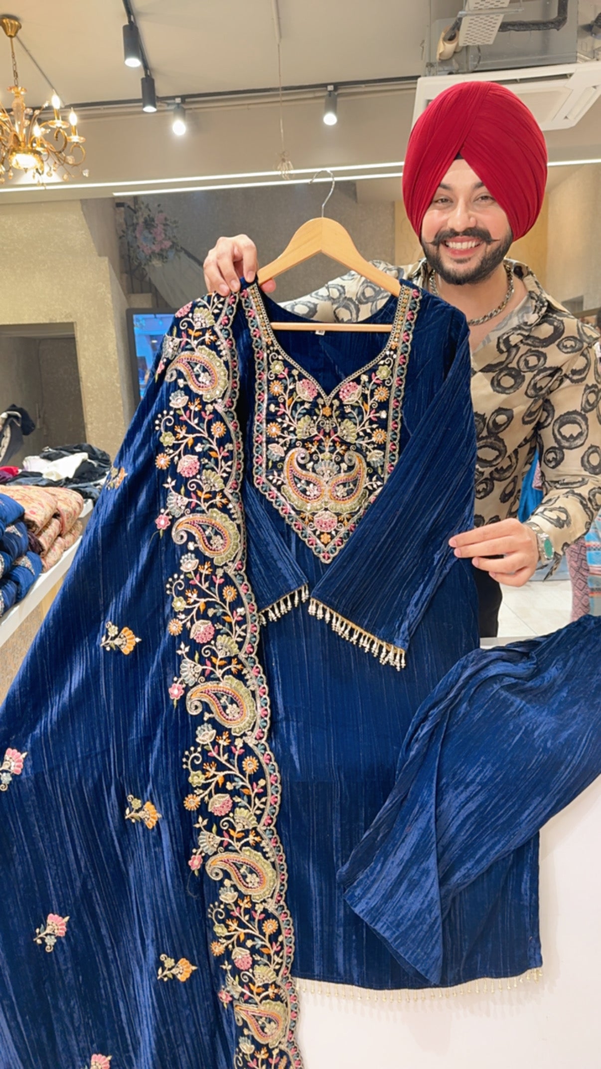 Navy Blue Crush Velvet Party Wear Straight Suit with Heavy Embroidered Work on Neck & Full Length Duppata