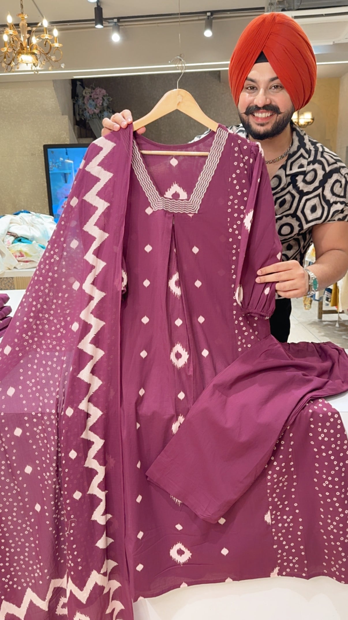 Wine Pure Cotton Bandhej Print A-line Office Wear Suit
