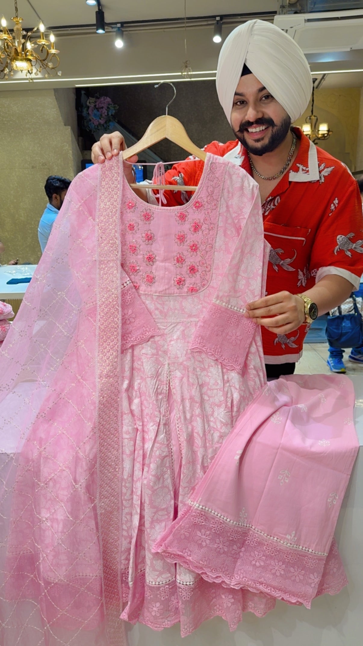 Pink Pure Cotton Front slit Girlish Anarkali Suit with Hand embroidery Work on neck & Beautiful Sequins work Organza Duppata