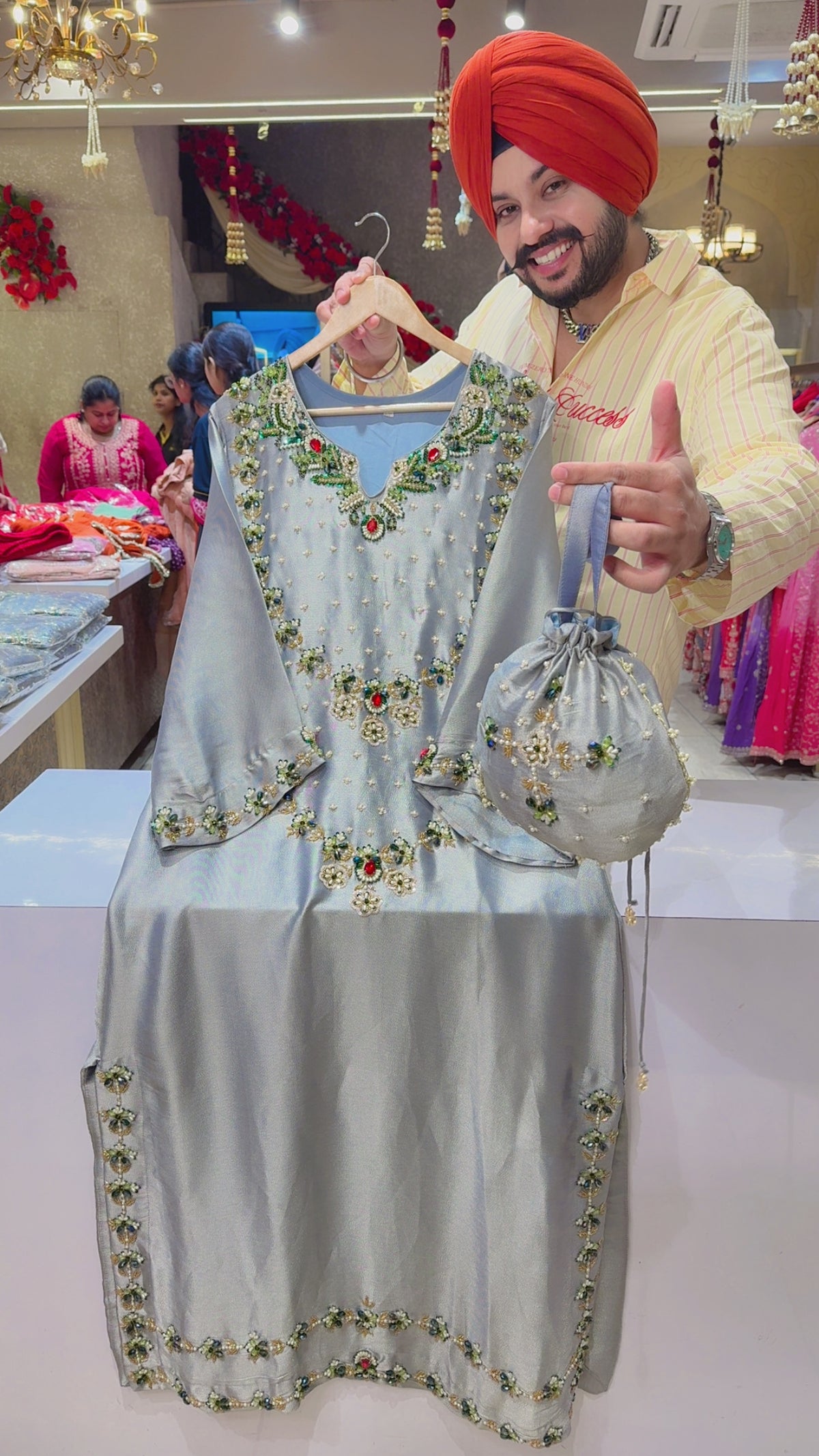 English Grey Girraff Silk Stone & Pearl Hand embroidered Designer Kashmiri Phiran Dress With Potli
