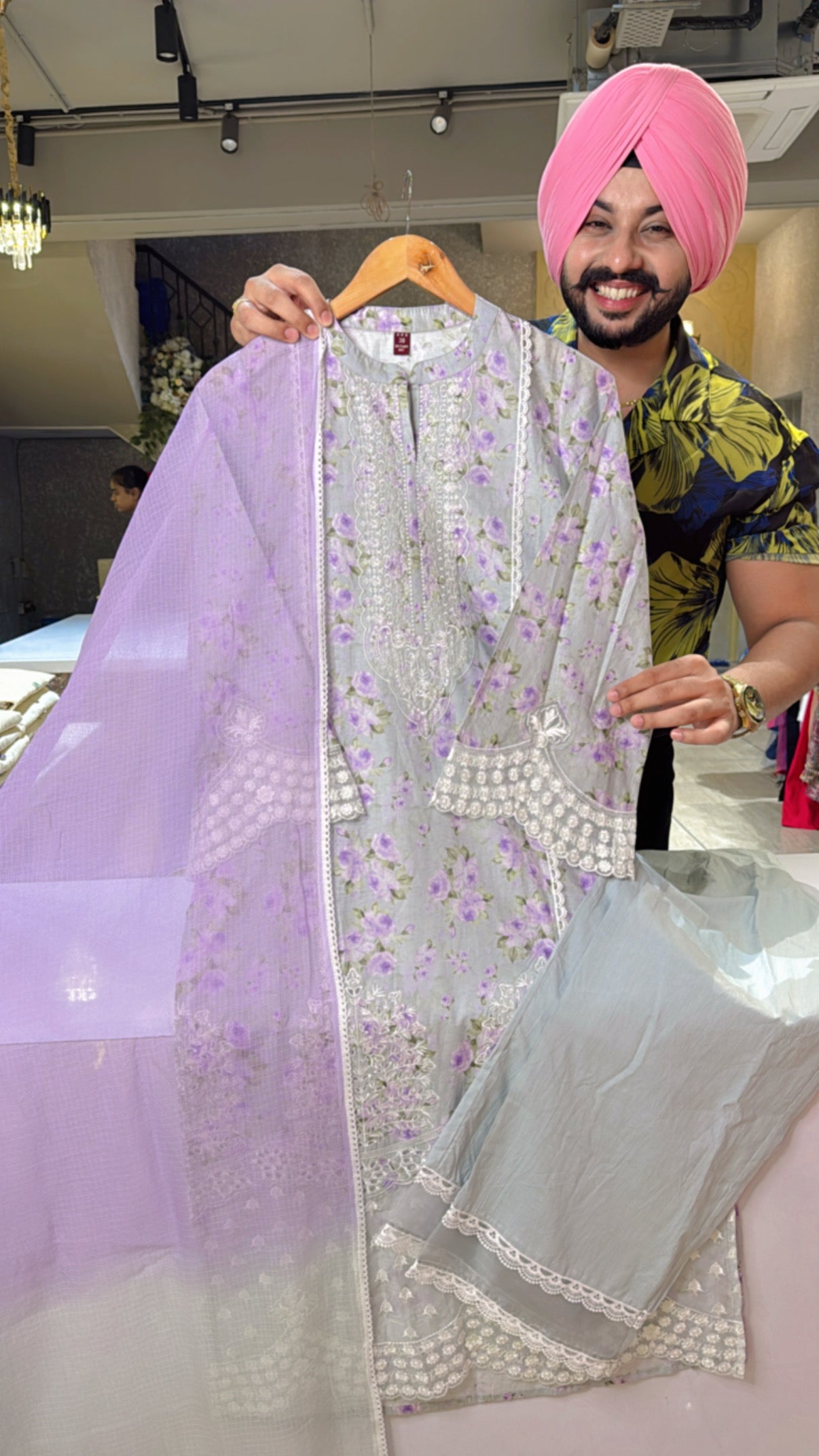 Grey & Lavender Pure Cotton Heavy embroidered Pakistani Suit with Kota Doria Duppata