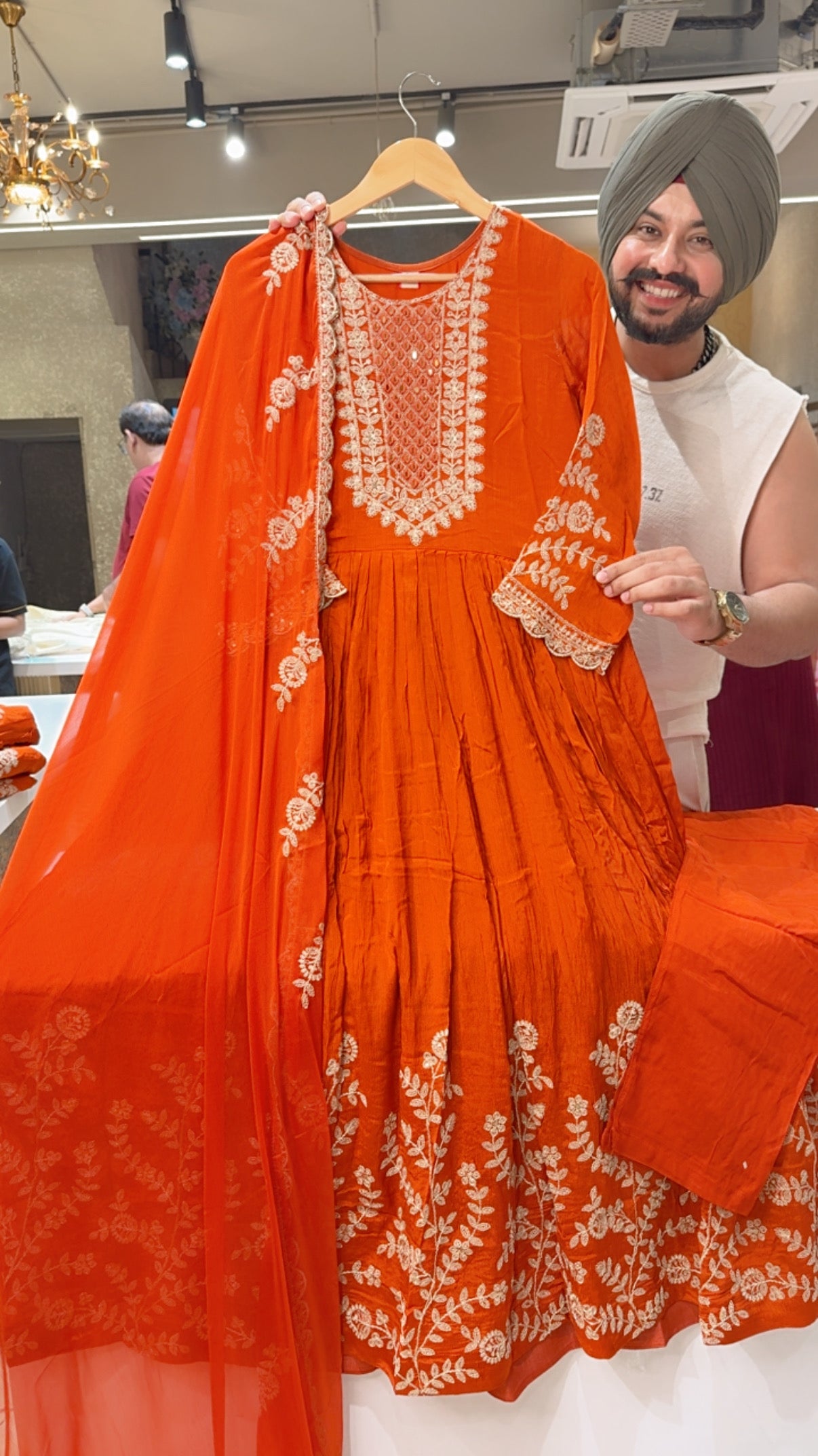 Rusty Orange Chinon Embroidered Full flair Party Wear Anarkali suit with Beautiful Duppata