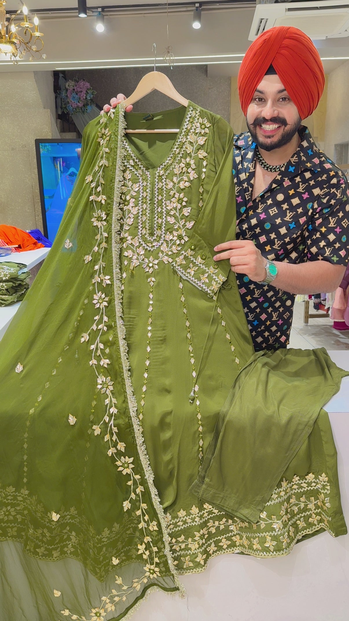Mehendi Green Chinon Fully Gotta & Mirror Work Party Wear Anarkali Suit