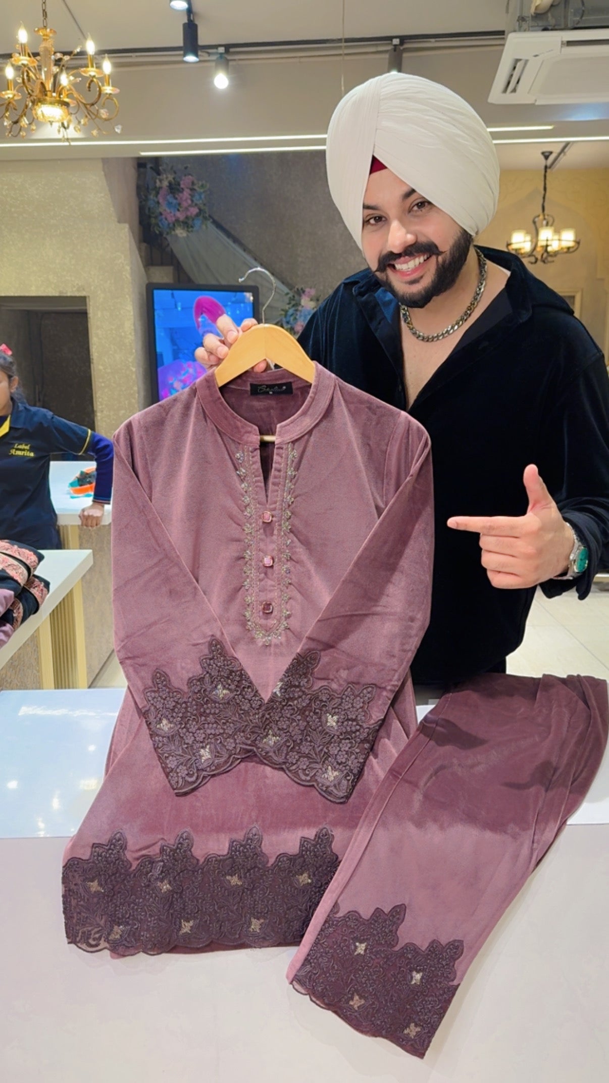 Onion Mauve Velvet Hand Embroidered Coord set with Self embroidered Sleeves & Border