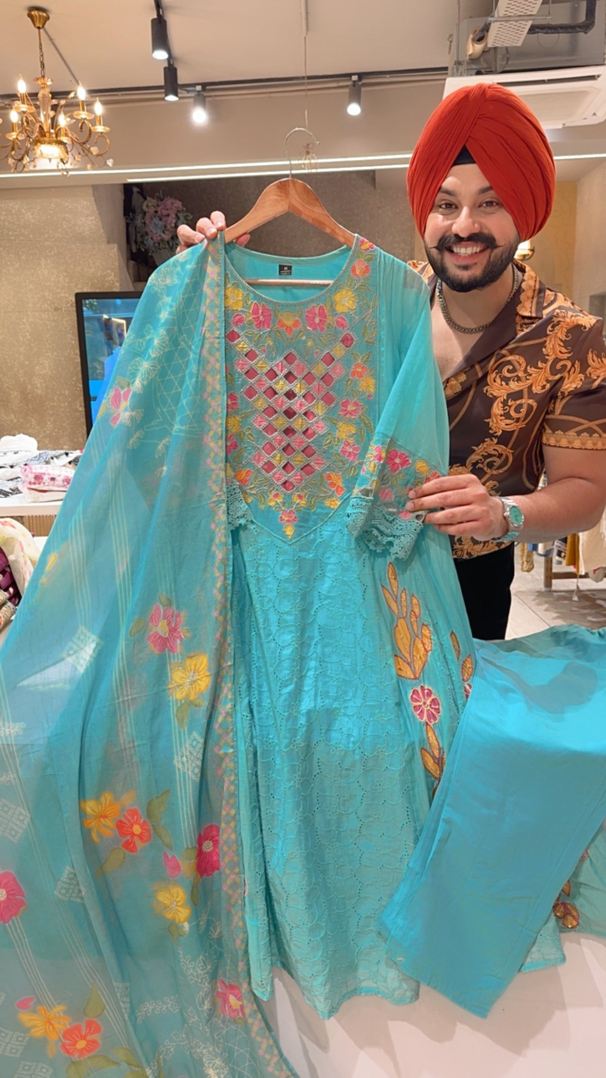 Sea Blue soft Mal Chanderi Beautiful Embroidered & CutWork Summerish Partywear Anarkali suit (Copy)