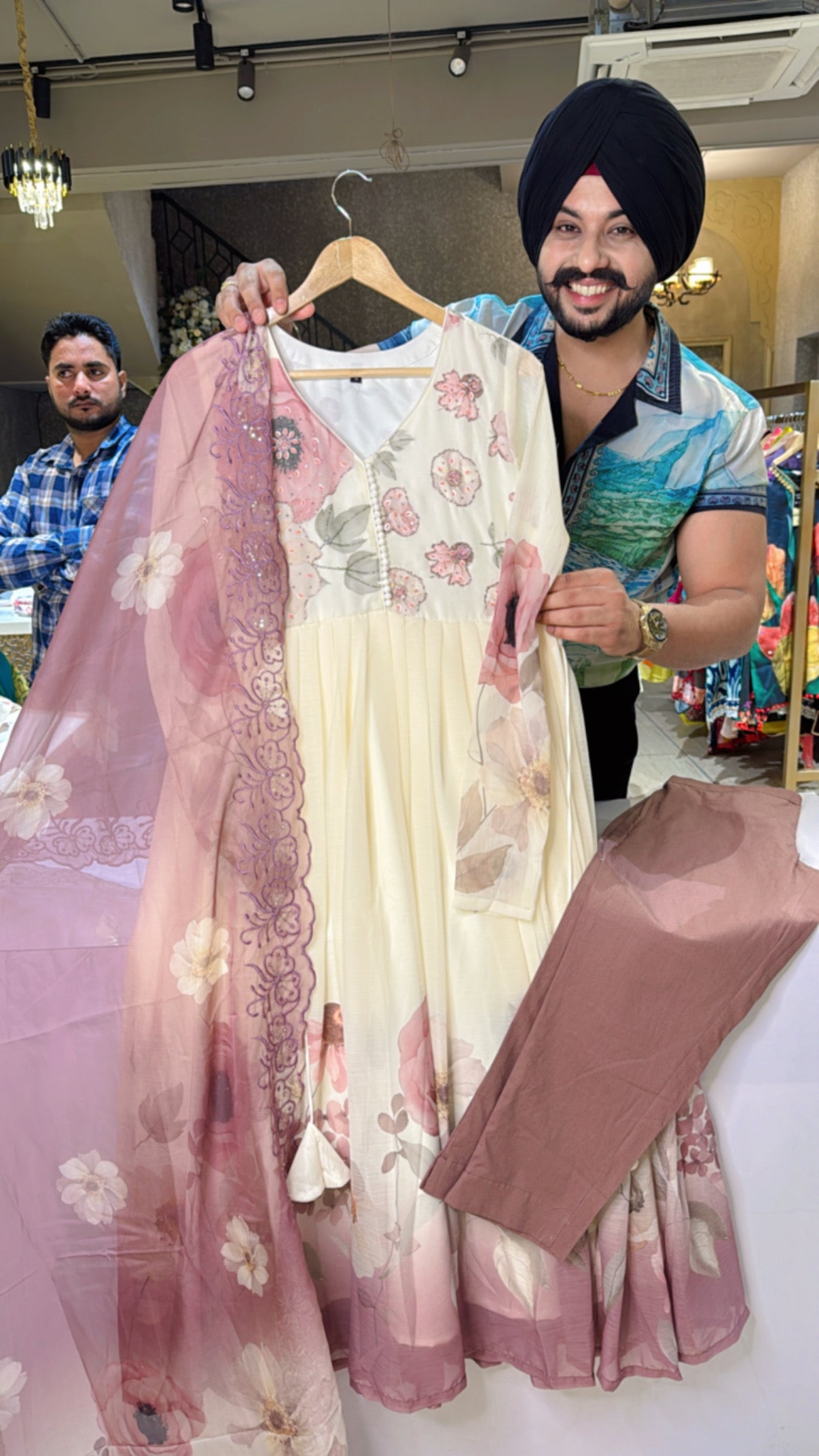 Cream & onion Chiffon Floral print Full Flair Anarkali Suit with Hand Embroidery work on neck & Organza Duppata