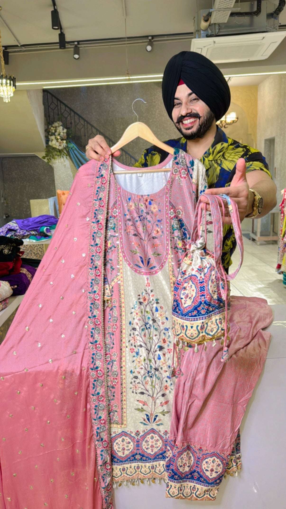 Pastel pink & off white Velvet Heavy Pakistani Suit with Cute Potli
