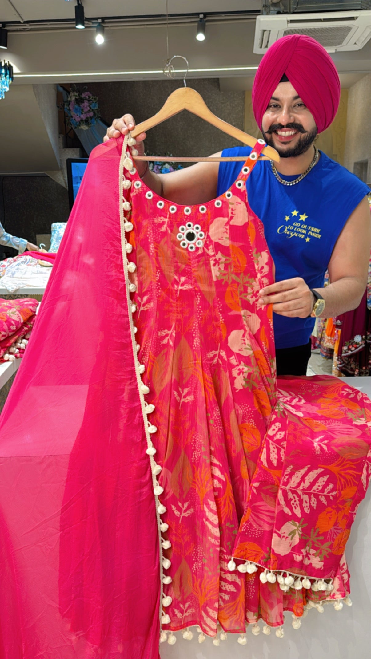 Hot Pink Chiffon Full Flair Strap Sleeves Mirror Work POM POM Anarkali Suit