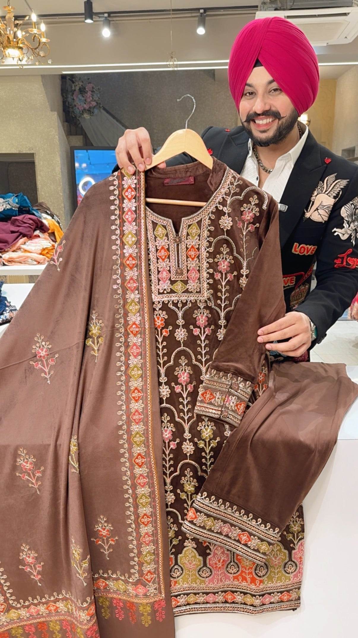 Coffee Premium Strechable velvet Heavy embroidered Party wear Straight Suit with Beautiful Duppa