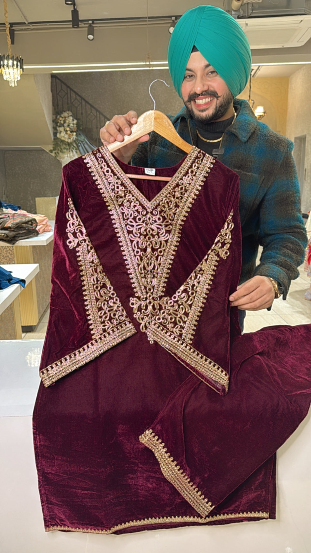 Wine Premium Velvet Pakistani Coord set with Beautiful Embroidery work on neck & bell Sleeves