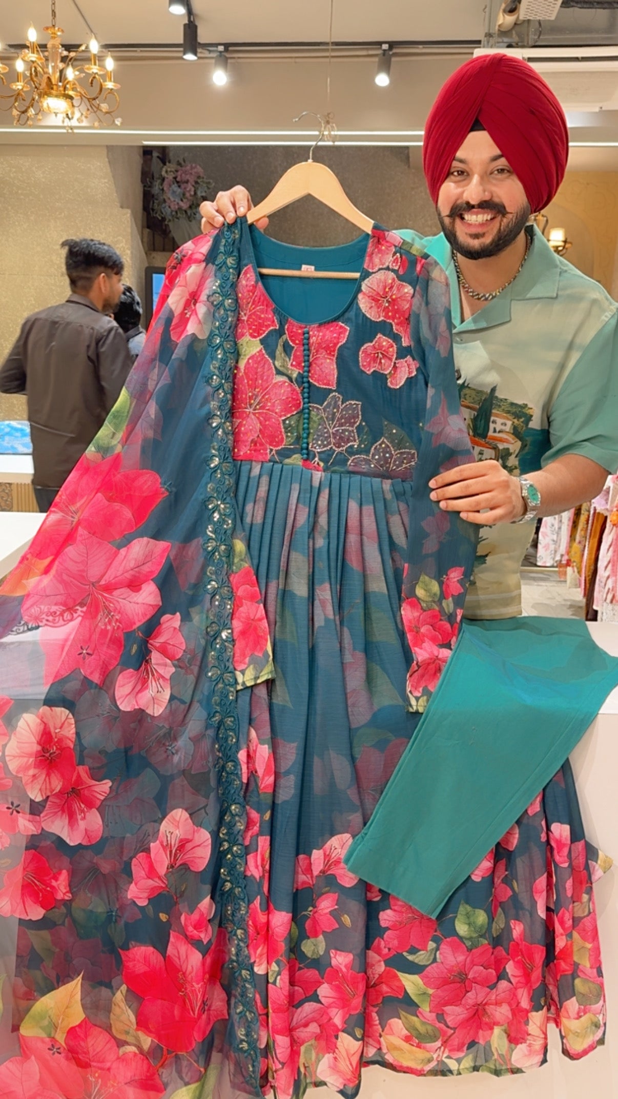 Teel Chiffon Full Flair Floral Anarkali Suit with Beautiful Hand embroidery Work on neck & Sequins Work Organza Duppata