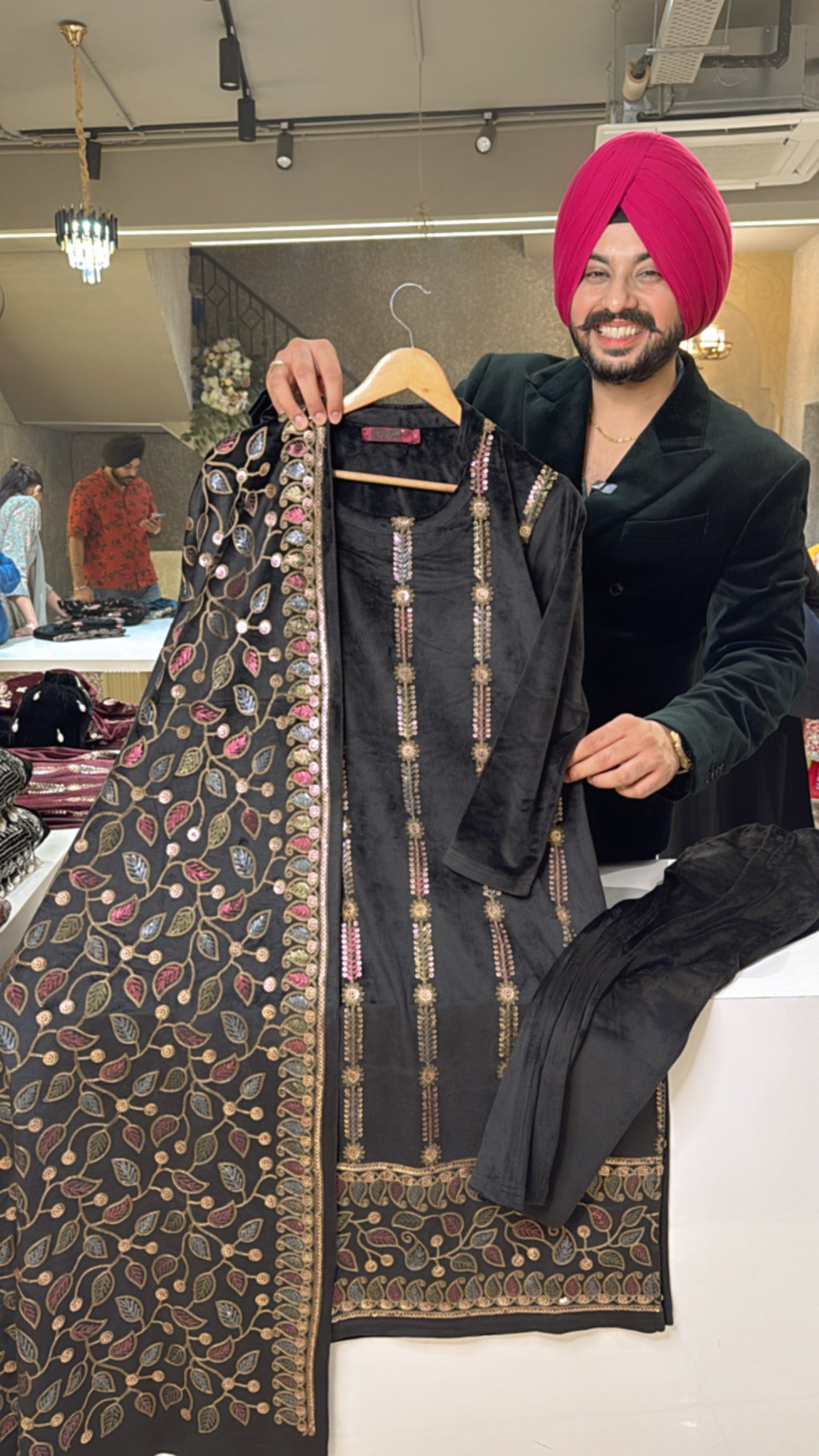 Black Heavy Strechable velvet Suit with Fully Embroidered Duppata