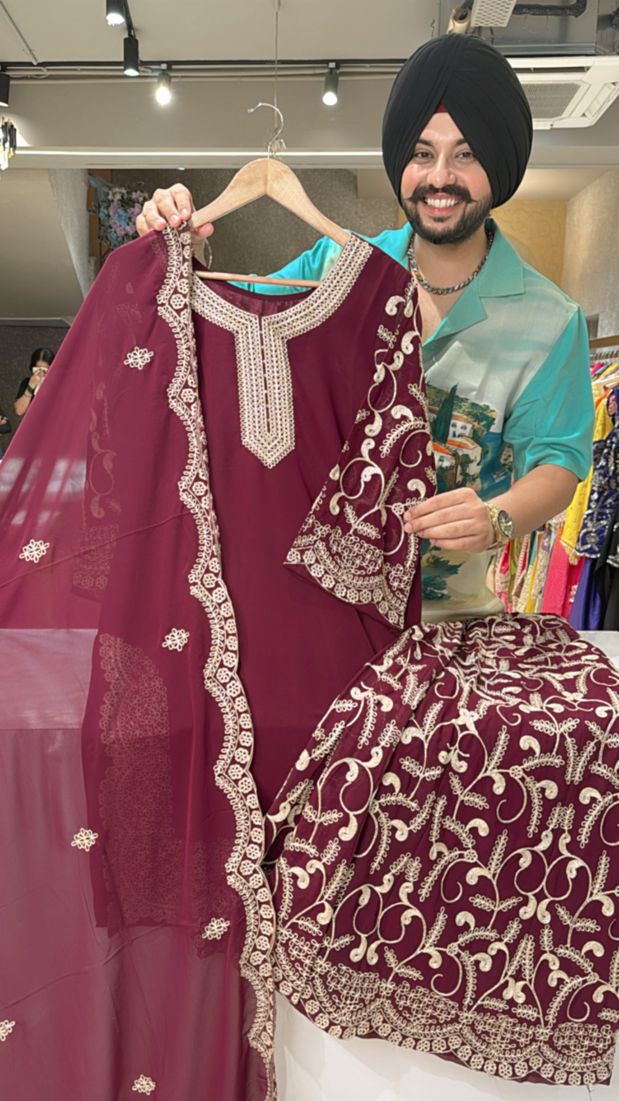 Wine Georgette Heavy embroidered Full Flair Sharara Suit with Beautiful Duppata