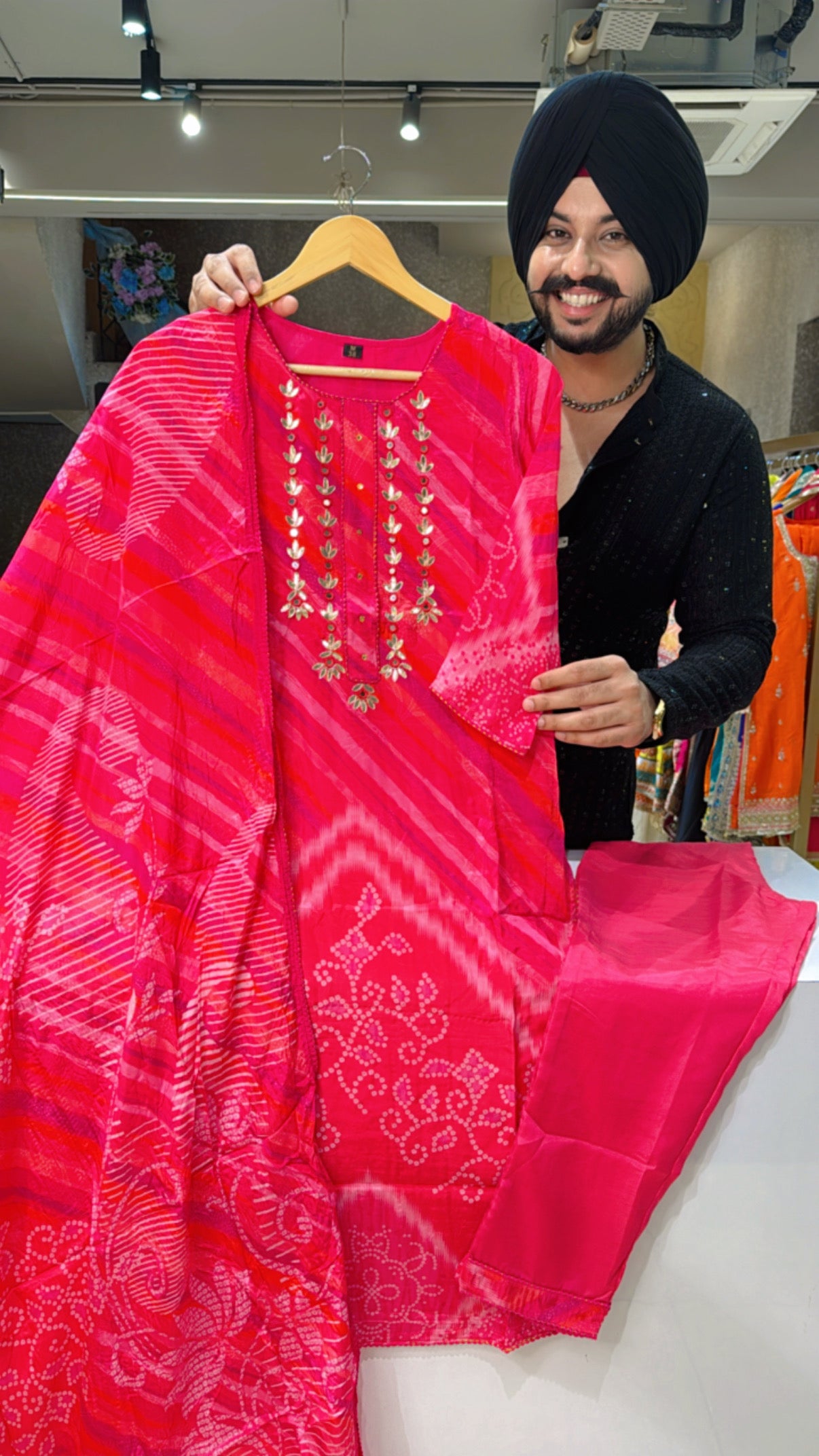 Hot Pink Soft crepe Lehriya & Bandhej Print Straight Suit with Hand work on neck