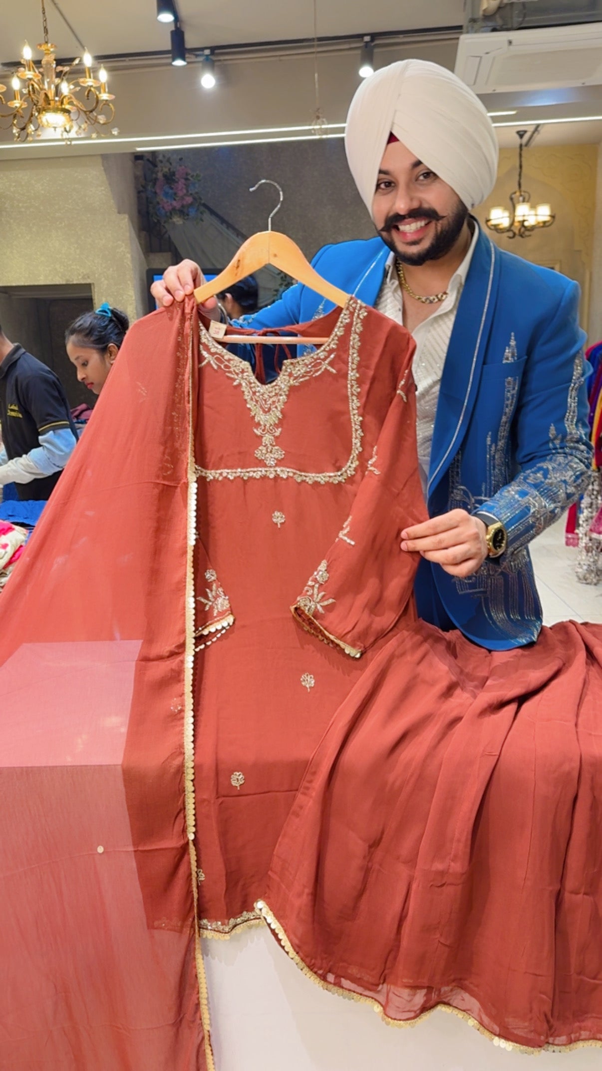 Rust Georgette Hand embroidered Semi Backless Full flair Sharara Suit with Chiffon Duppata