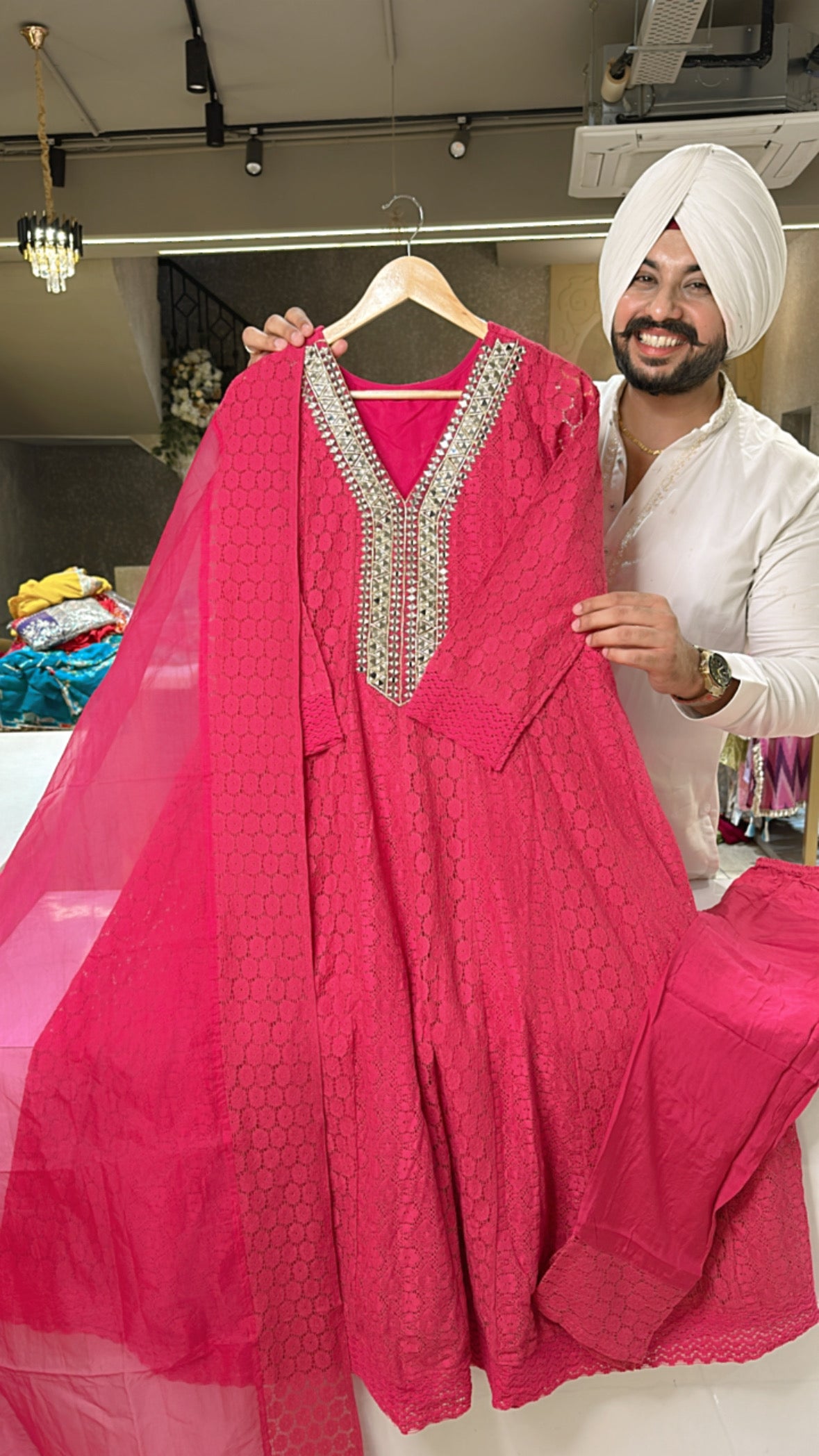 Hot pink Crochet Lace Pakistani Anarkali Suit with mirror Work on neck