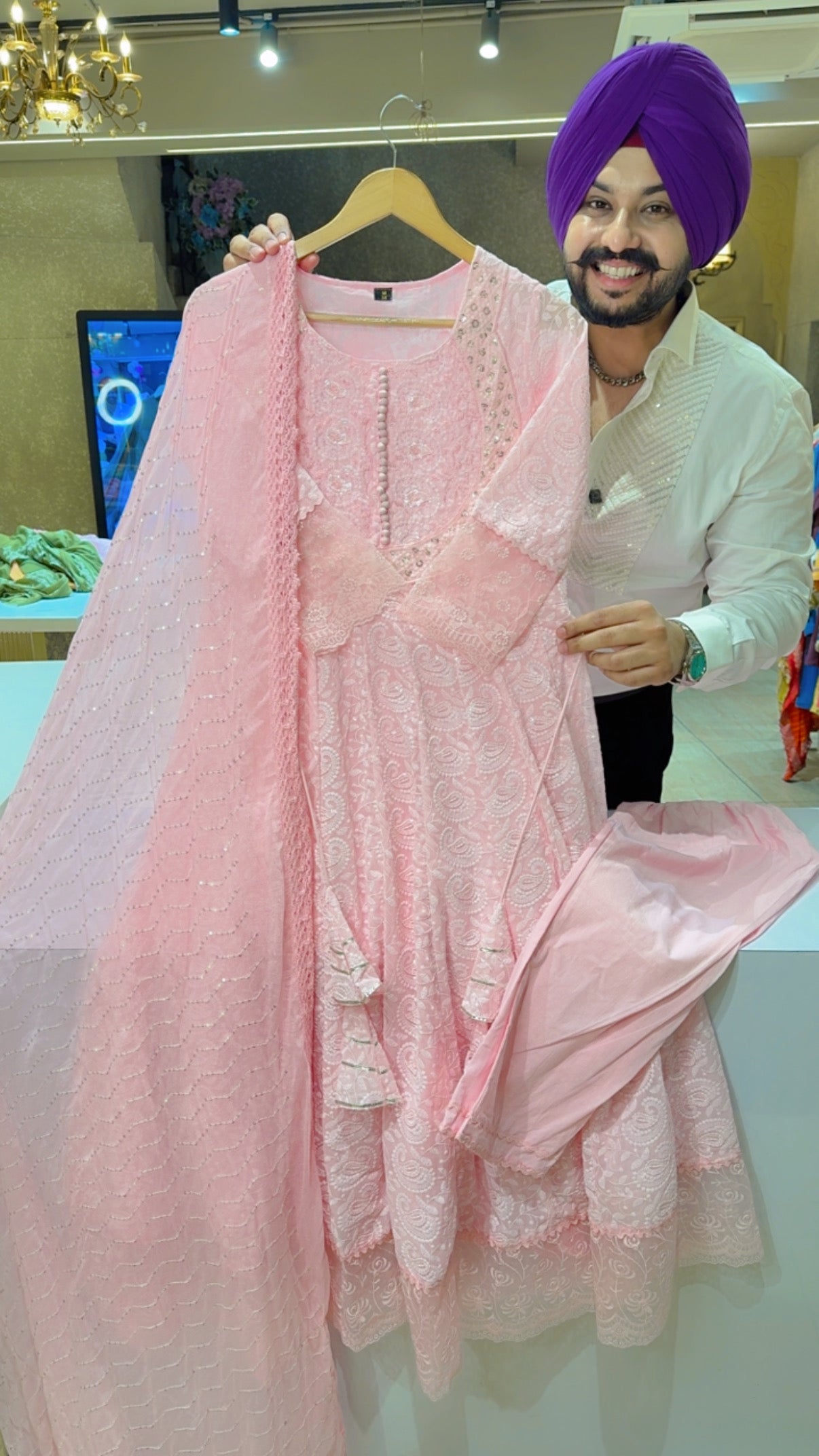 Baby Pink Georgette Self Embroidered Full Flair Anarkali Suit with Sequins Work Chiffon Duppata