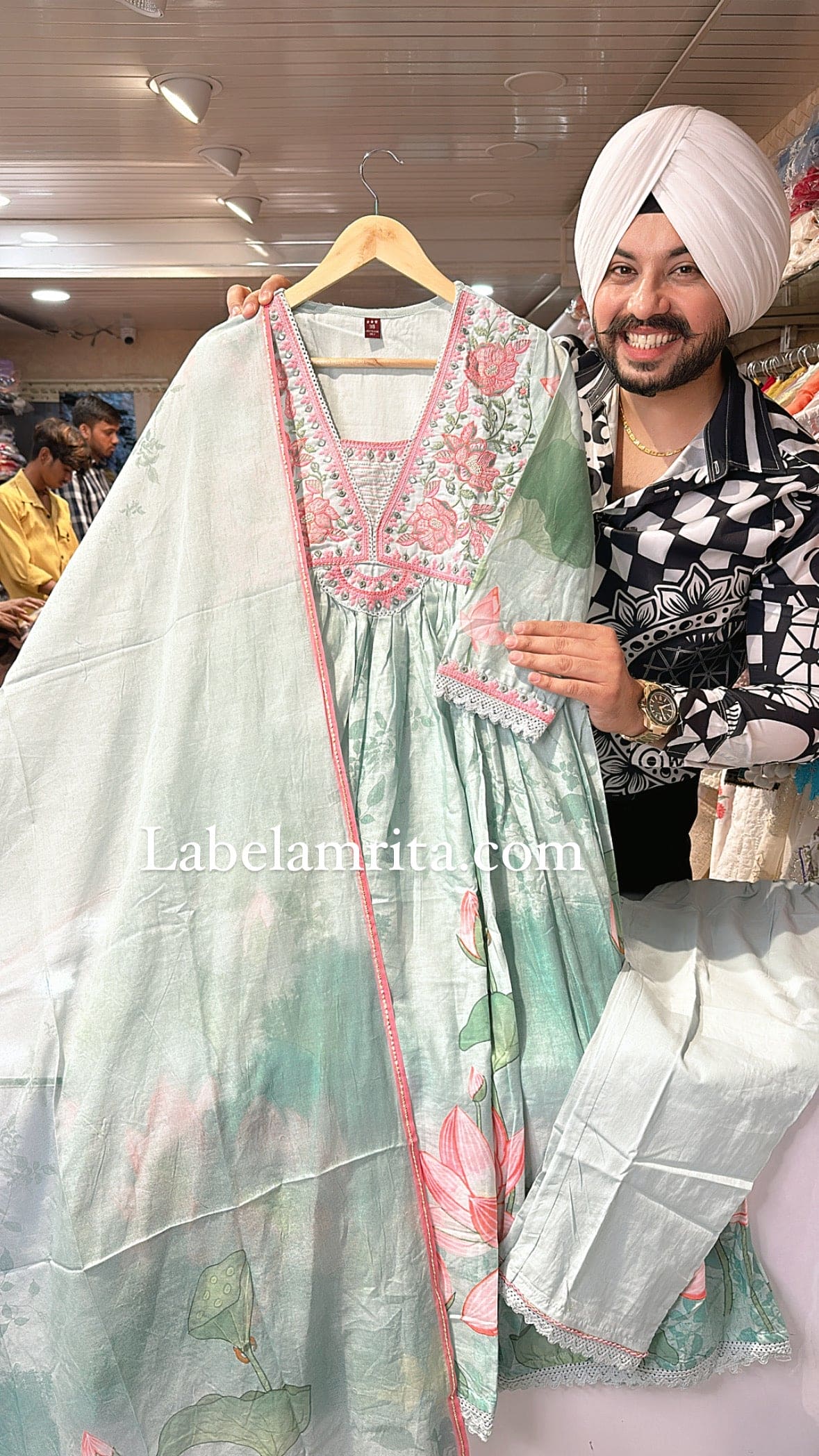 SeaBlue pure Mal Cotton Anarkali suit with Beautiful embroidery work on neck