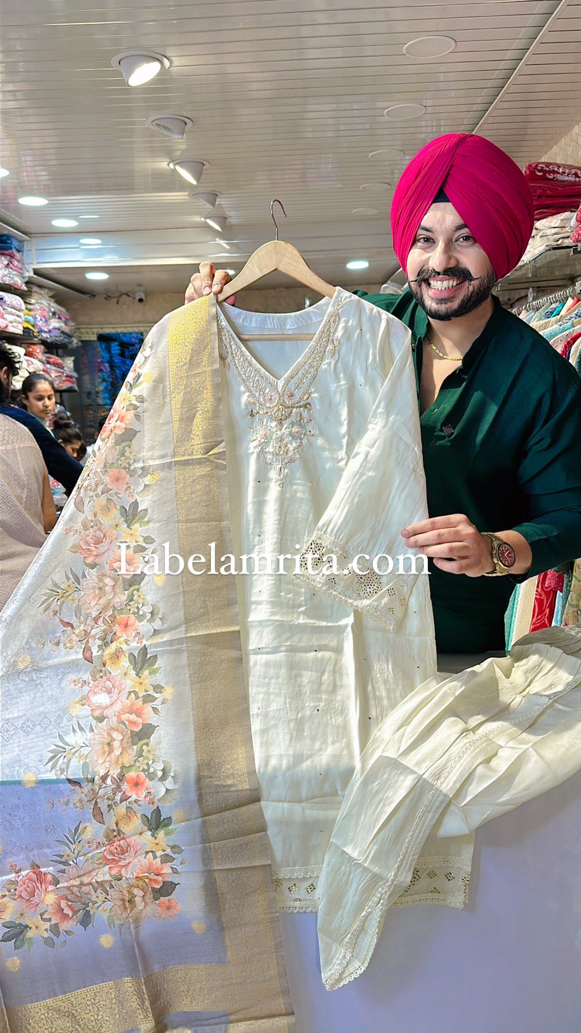 Moon White Roman Silk Handwork Suits with Stylish Tulip Pants & beautiful Duppata