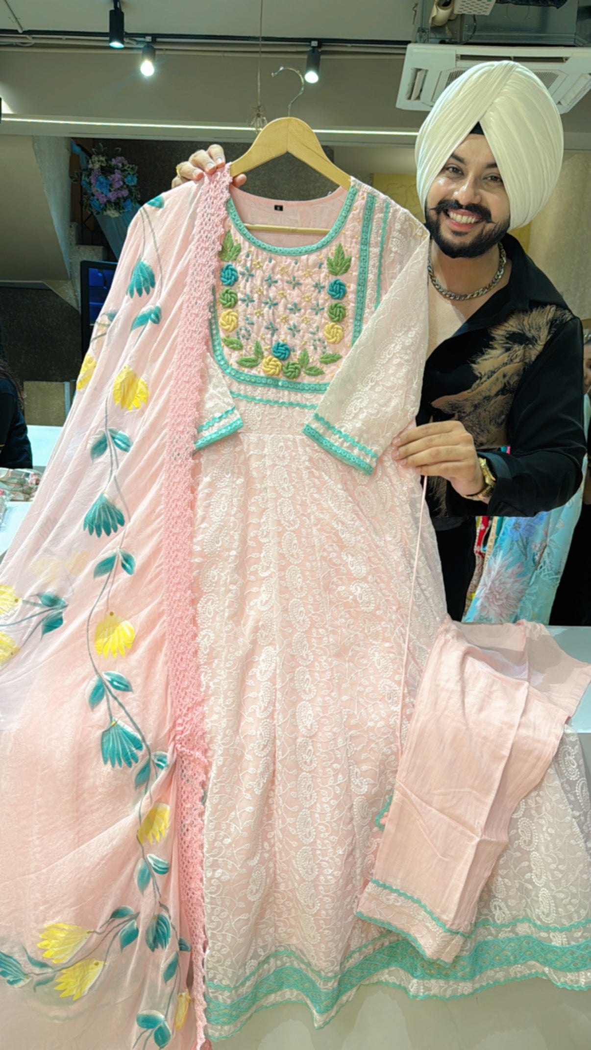 Pink Georgette Heavy Self embroidered Anarkali Suit with Hand embroidery work on neck & hand painted Chiffon Duppata