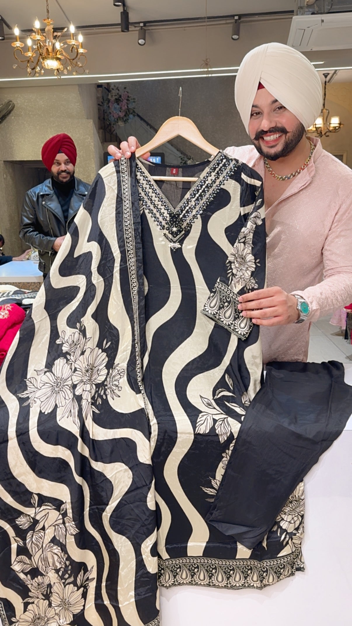 Cream & Black Crepe English Floral Print Party Wear Straight Suit with Hand embroidery Work on neck