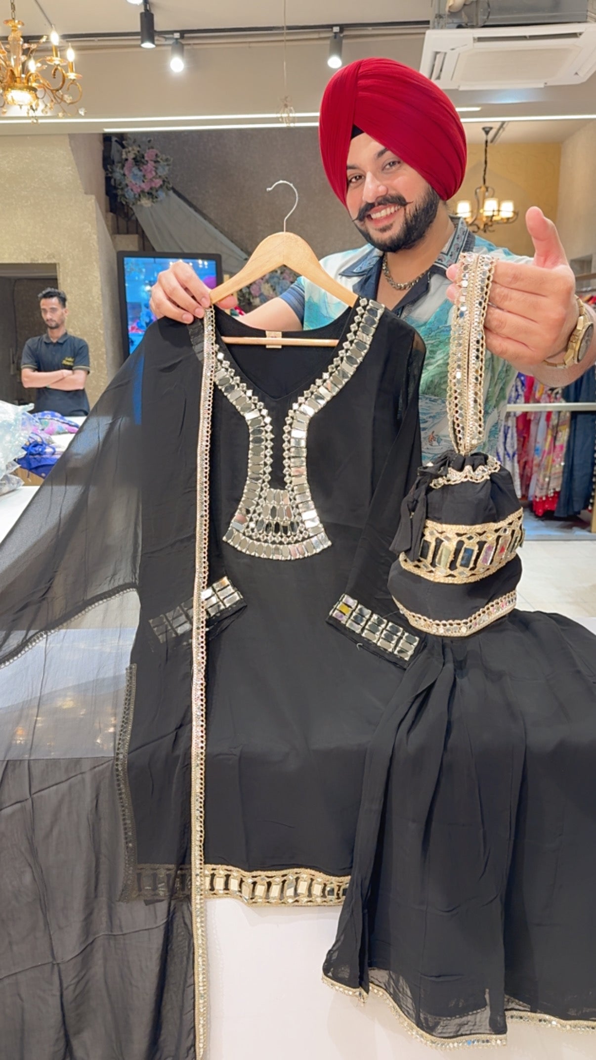 Black Georgette Heavy Mirror Work Sharara Set with Cute potli