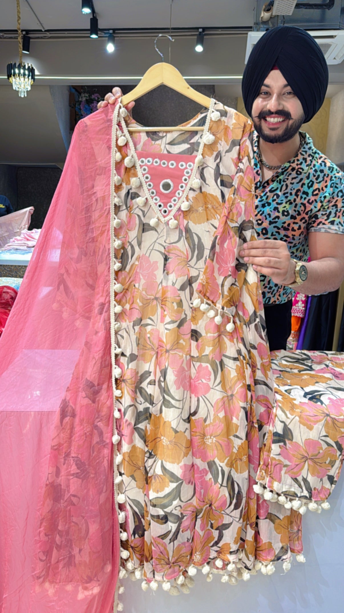 Cream & Pastel Pink Chiffon Floral Print Pom-Pom Anarkali suit with Beautiful chiffon Duppata