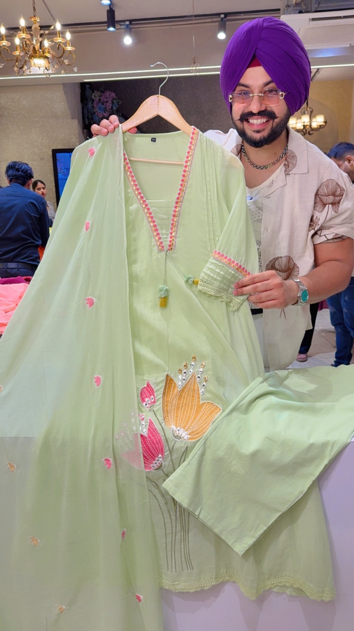 Pastel Green Mal Cotton A-line Floral Embroidered Indowestern Semi Formal Summerish Suit